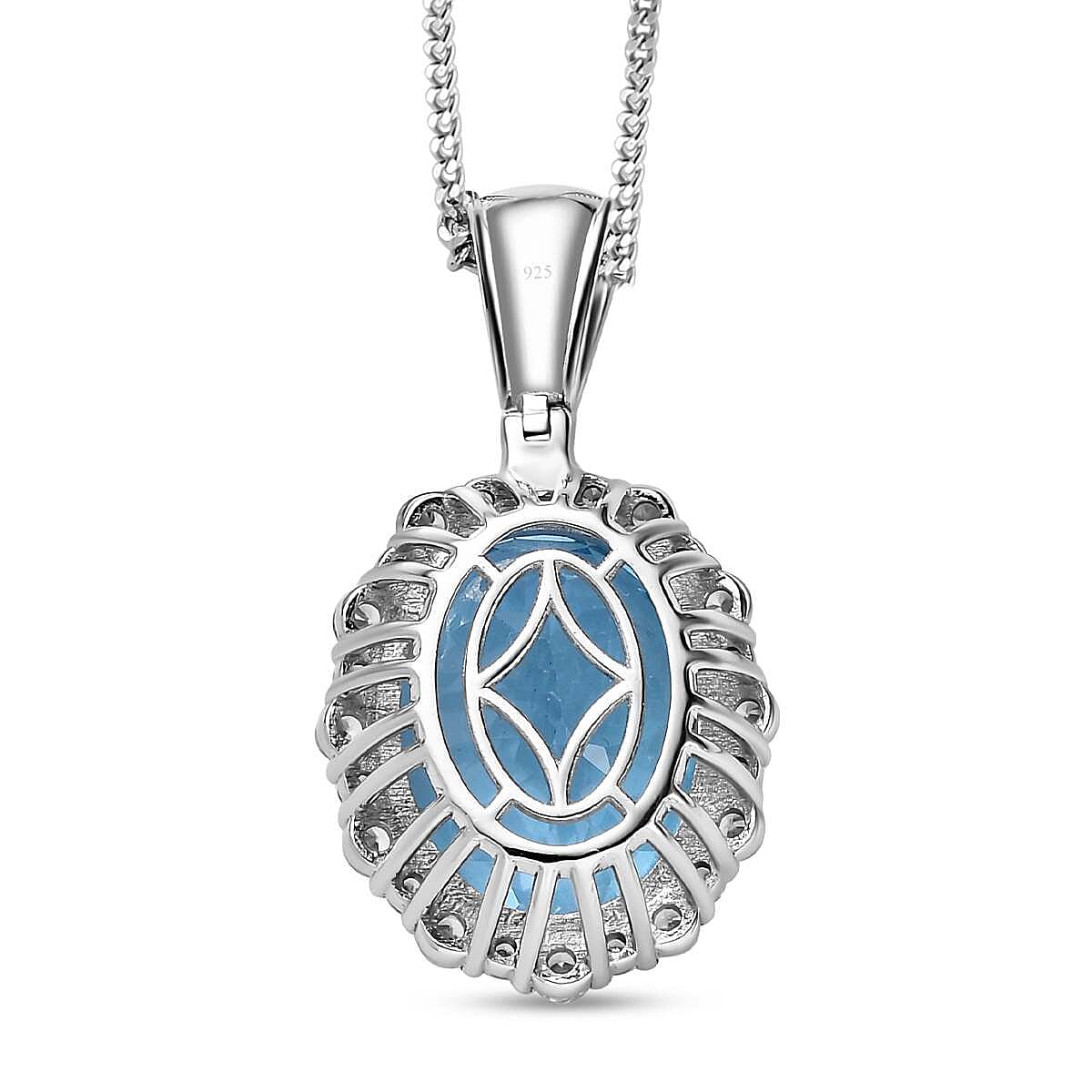 Blue Topaz & Natural Zircon Halo Pendant with Chain (Size 20) in Platinum Overlay Sterling Silver 22.83 Ct, Silver Wt. 9.00 Gms