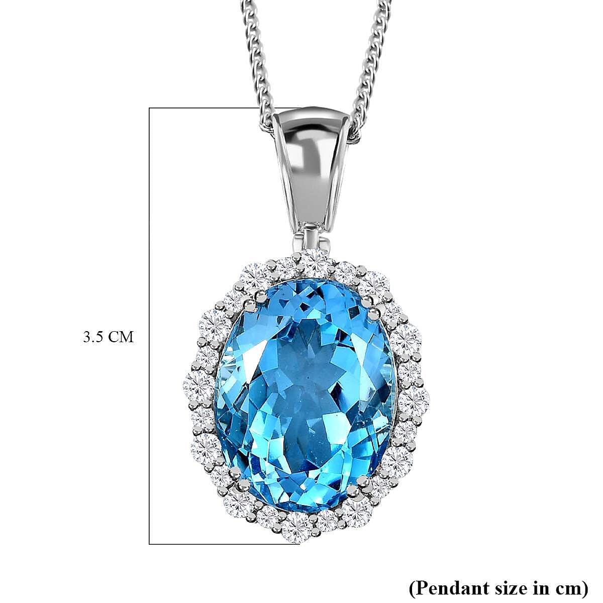 Blue Topaz & Natural Zircon Halo Pendant with Chain (Size 20) in Platinum Overlay Sterling Silver 22.83 Ct, Silver Wt. 9.00 Gms