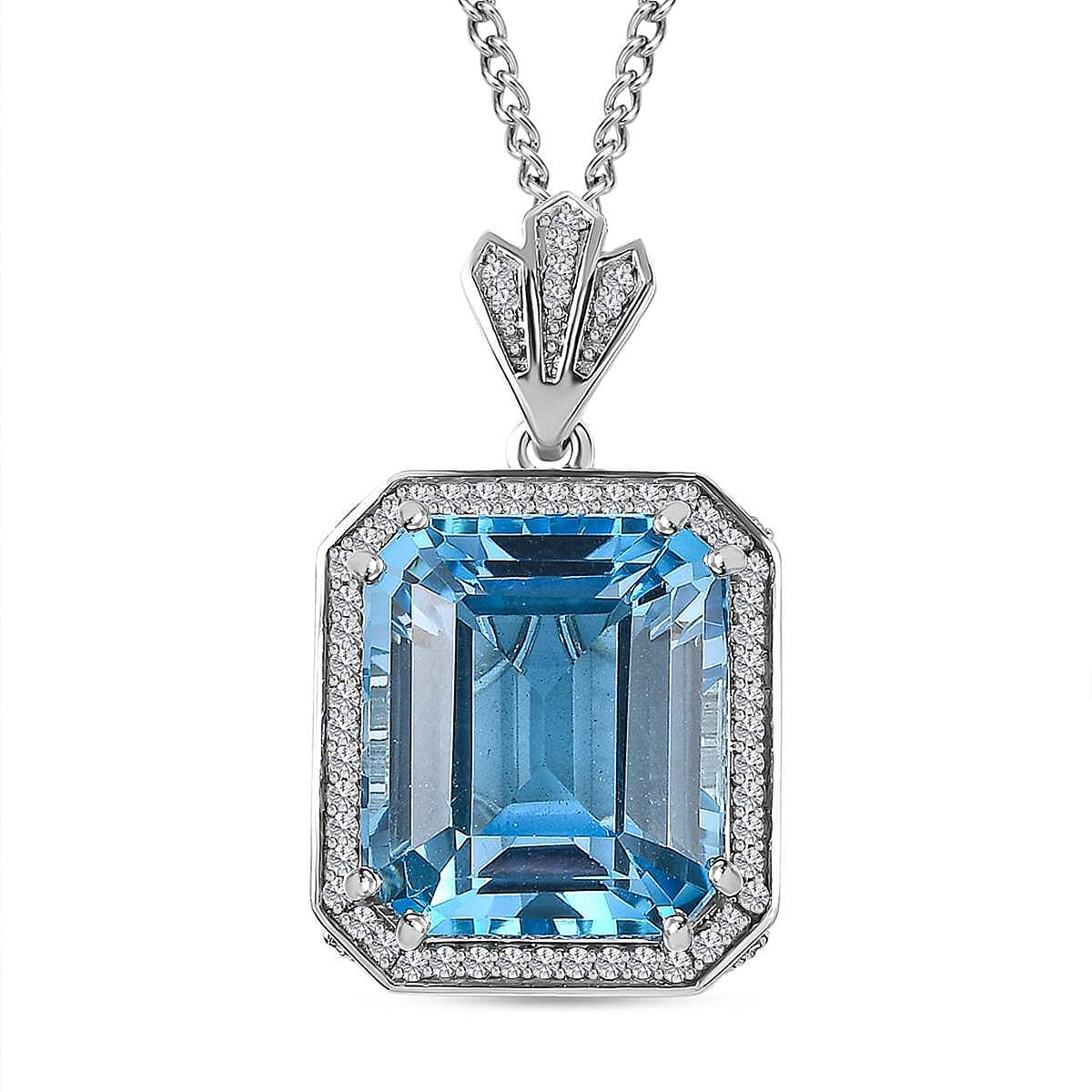 Blue Topaz & Natural Zircon Halo Pendant with Chain (Size 20) in Platinum Overlay Sterling Silver 26.02 Ct, Silver Wt. 12.81 Gms