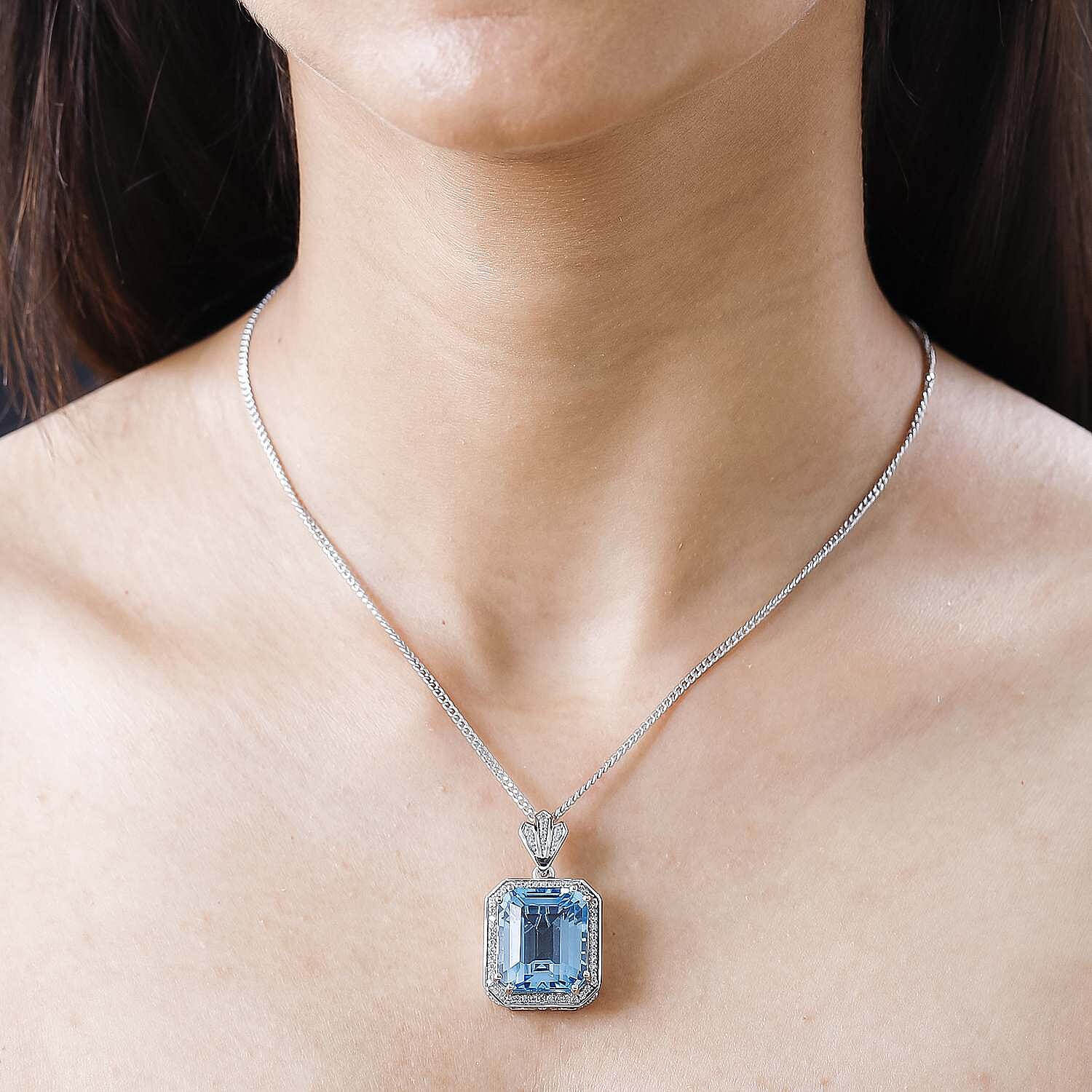 Blue Topaz & Natural Zircon Halo Pendant with Chain (Size 20) in Platinum Overlay Sterling Silver 26.02 Ct, Silver Wt. 12.81 Gms