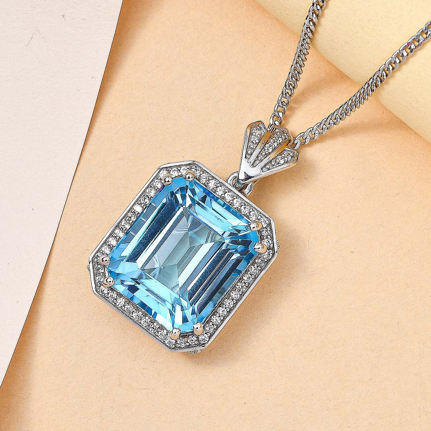 Blue Topaz & Natural Zircon Halo Pendant with Chain (Size 20) in Platinum Overlay Sterling Silver 26.02 Ct, Silver Wt. 12.81 Gms