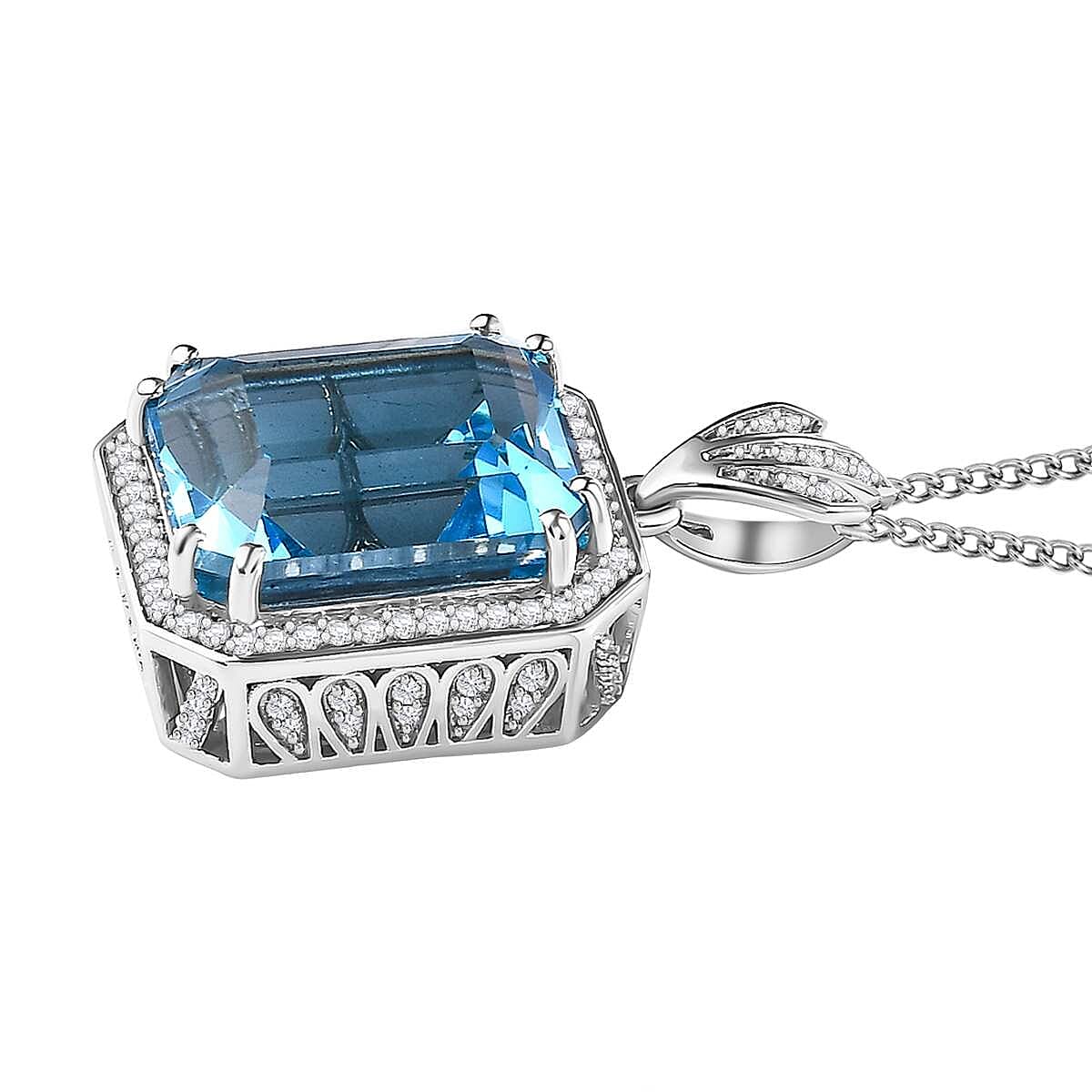Blue Topaz & Natural Zircon Halo Pendant with Chain (Size 20) in Platinum Overlay Sterling Silver 26.02 Ct, Silver Wt. 12.81 Gms