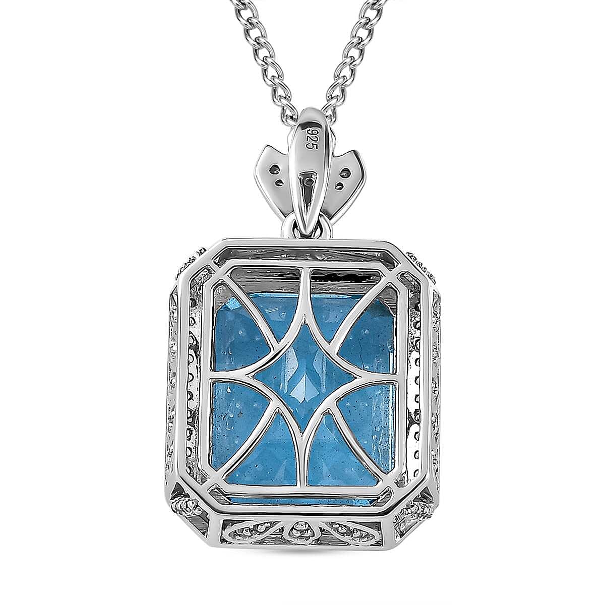 Blue Topaz & Natural Zircon Halo Pendant with Chain (Size 20) in Platinum Overlay Sterling Silver 26.02 Ct, Silver Wt. 12.81 Gms