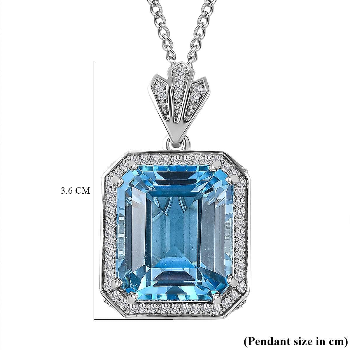 Blue Topaz & Natural Zircon Halo Pendant with Chain (Size 20) in Platinum Overlay Sterling Silver 26.02 Ct, Silver Wt. 12.81 Gms