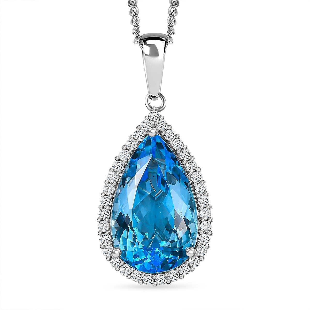 Blue Topaz & Natural Zircon Halo Pendant with Chain (Size 20) in Platinum Overlay Sterling Silver 26.30 Ct, Silver Wt. 7.71 Gms
