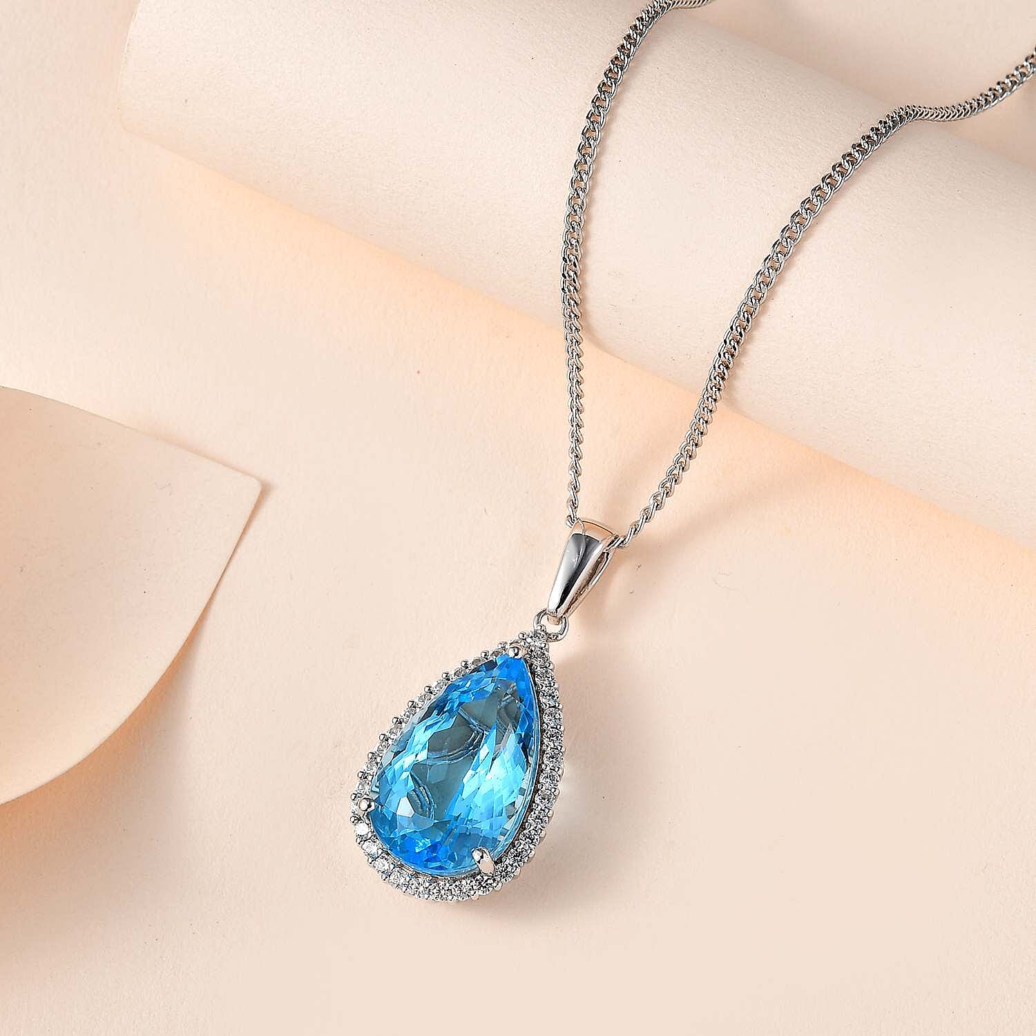 Blue Topaz & Natural Zircon Halo Pendant with Chain (Size 20) in Platinum Overlay Sterling Silver 26.30 Ct, Silver Wt. 7.71 Gms