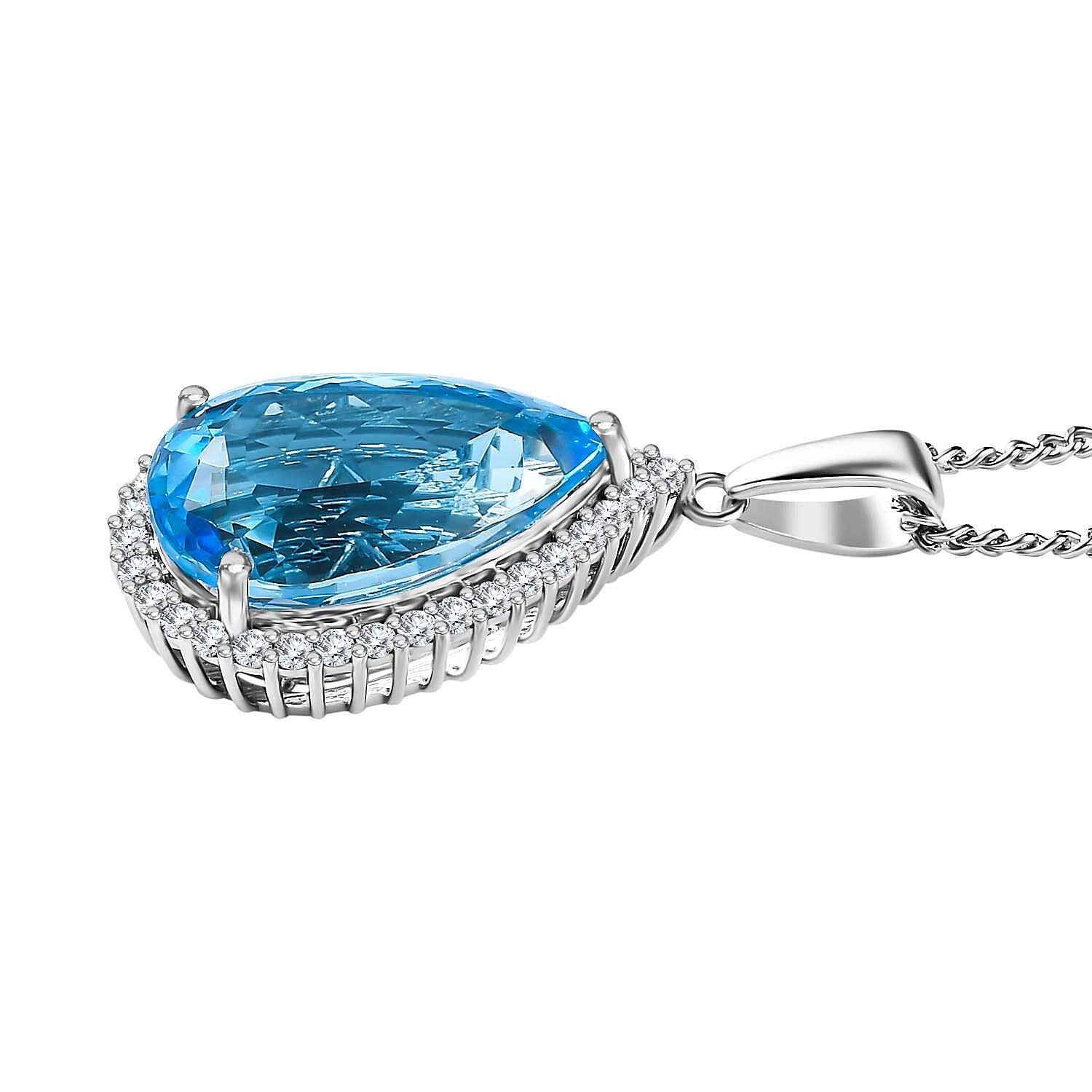 Blue Topaz & Natural Zircon Halo Pendant with Chain (Size 20) in Platinum Overlay Sterling Silver 26.30 Ct, Silver Wt. 7.71 Gms
