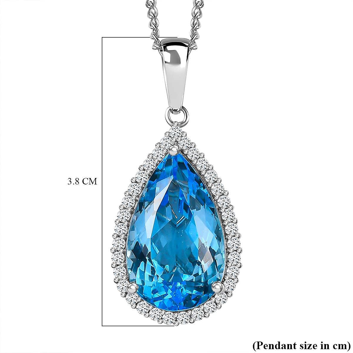 Blue Topaz & Natural Zircon Halo Pendant with Chain (Size 20) in Platinum Overlay Sterling Silver 26.30 Ct, Silver Wt. 7.71 Gms