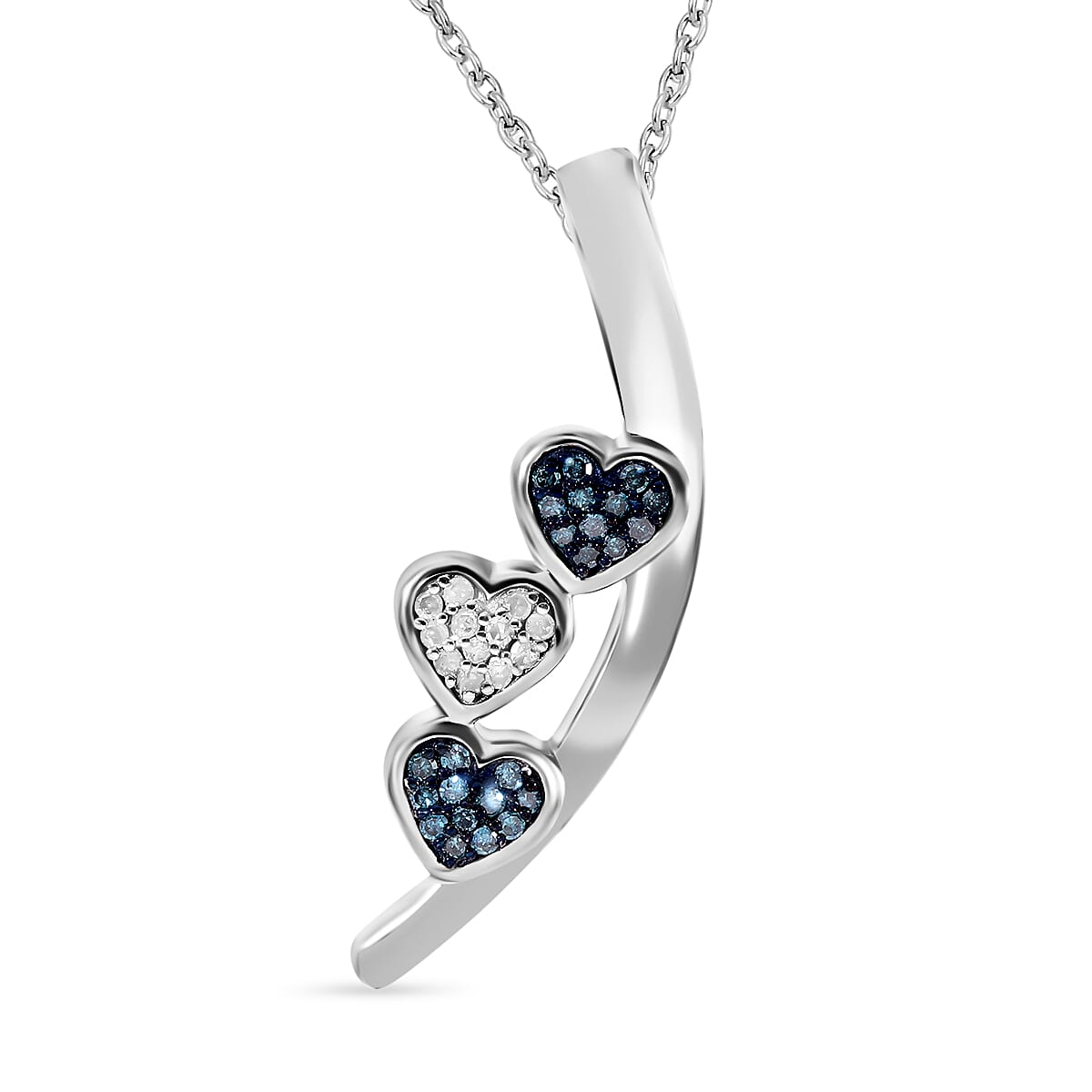 Blue & White Diamond Heart Pendant with Chain (Size 20) in Platinum Overlay Sterling Silver 0.16 Ct