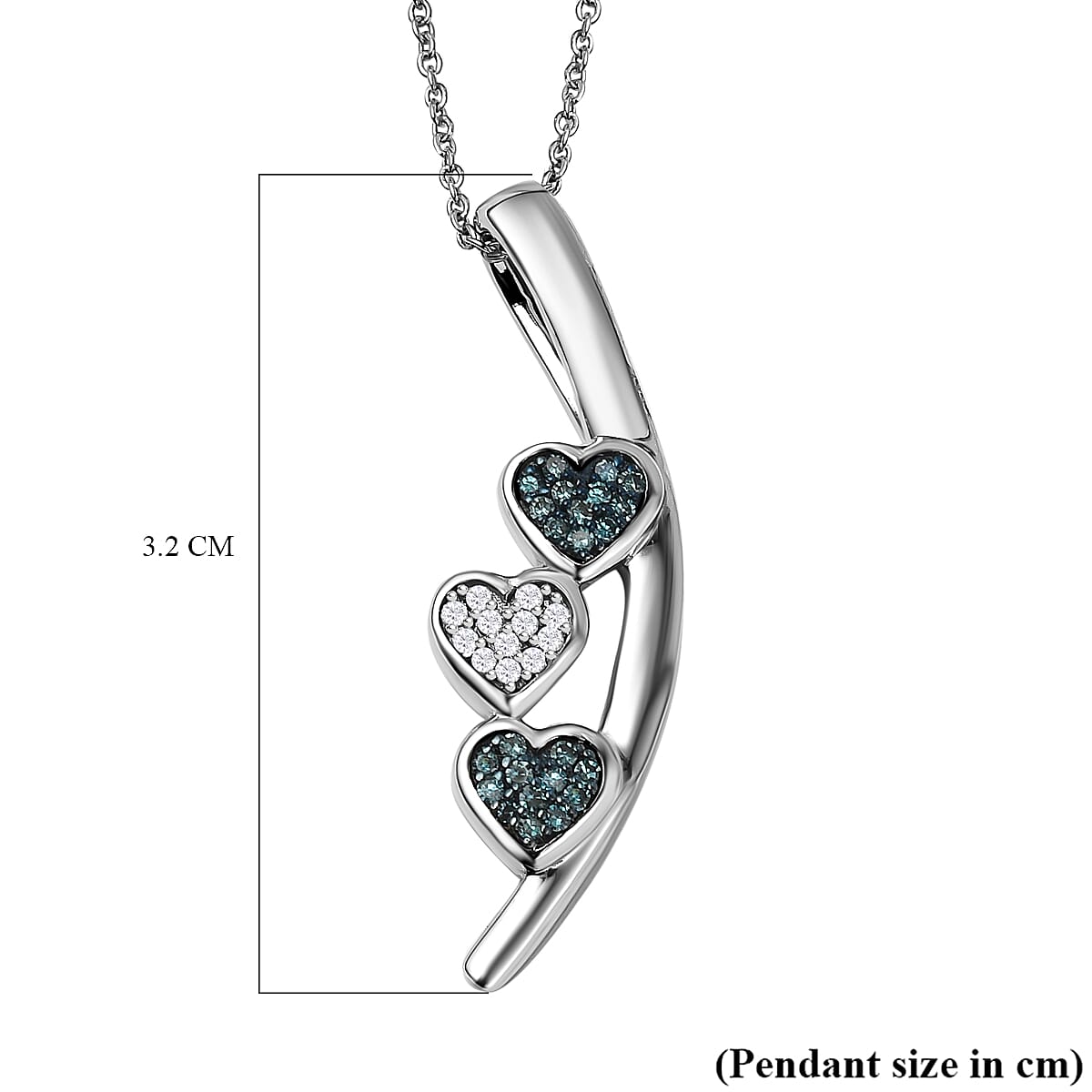 Blue & White Diamond Heart Pendant with Chain (Size 20) in Platinum Overlay Sterling Silver 0.16 Ct