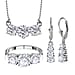 3 Piece Set - Moissanite 3 Stone Ring, Earrings and Necklace in Platinum Overlay Sterling Silver 7.19 Ct