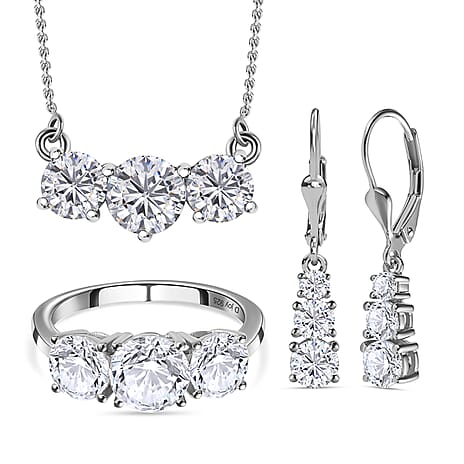 3 Piece Set - Moissanite 3 Stone Ring, Earrings and Necklace in Platinum Overlay Sterling Silver 7.19 Ct