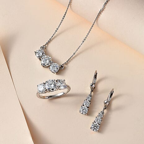 3 Piece Set - Moissanite 3 Stone Ring, Earrings and Necklace in Platinum Overlay Sterling Silver 7.19 Ct