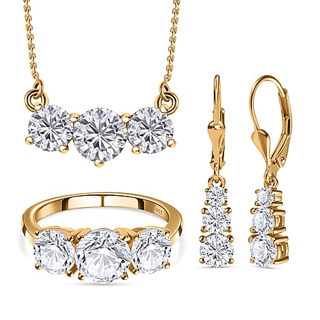 3 Piece Set - Moissanite 3 Stone Ring, Earrings and Necklace in 18K Vermeil Yellow Gold Plated Sterling Silver 7.19 Ct
