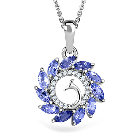 Tanzanite & Natural Zircon Peacock Pendant with Chain (Size 20) in Platinum Overlay Sterling Silver 1.15 Ct