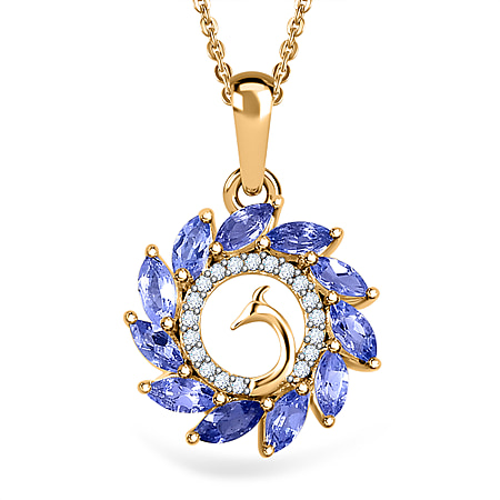 Tanzanite & Natural Zircon Peacock Pendant with Chain (Size 20) in 18K Vermeil Yellow Gold Plated Sterling Silver 1.15 Ct