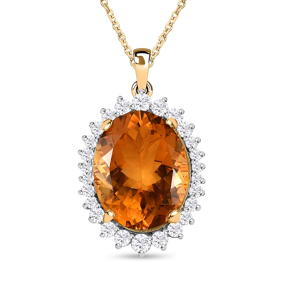 Serra Gaucha Citrine & Natural Zircon Halo Pendant with Chain (Size 20) in 18K Vermeil Yellow Gold Plated Sterling Silver 17.90 Ct,