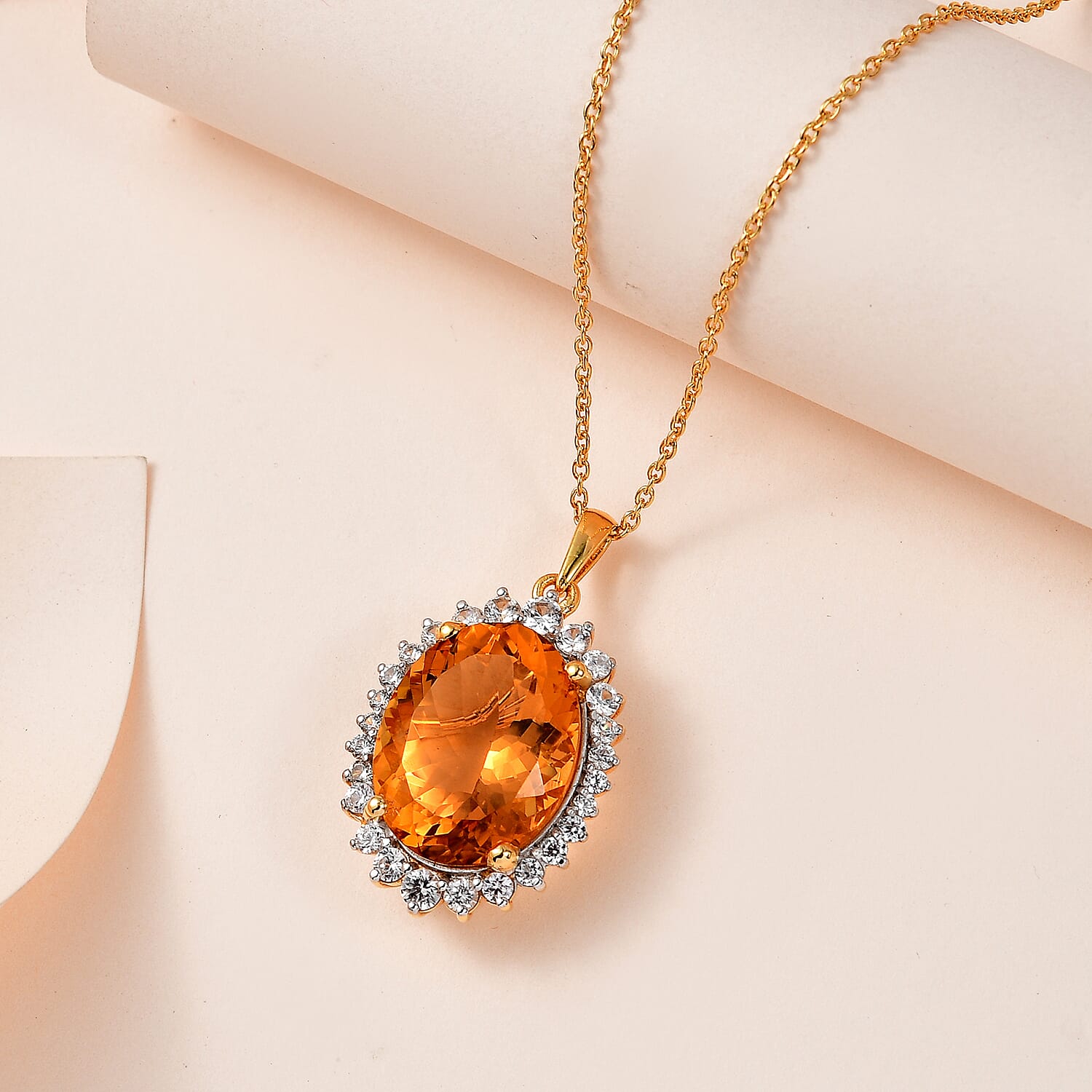 Serra Gaucha Citrine & Natural Zircon Halo Pendant with Chain (Size 20) in 18K Vermeil Yellow Gold Plated Sterling Silver 17.90 Ct,