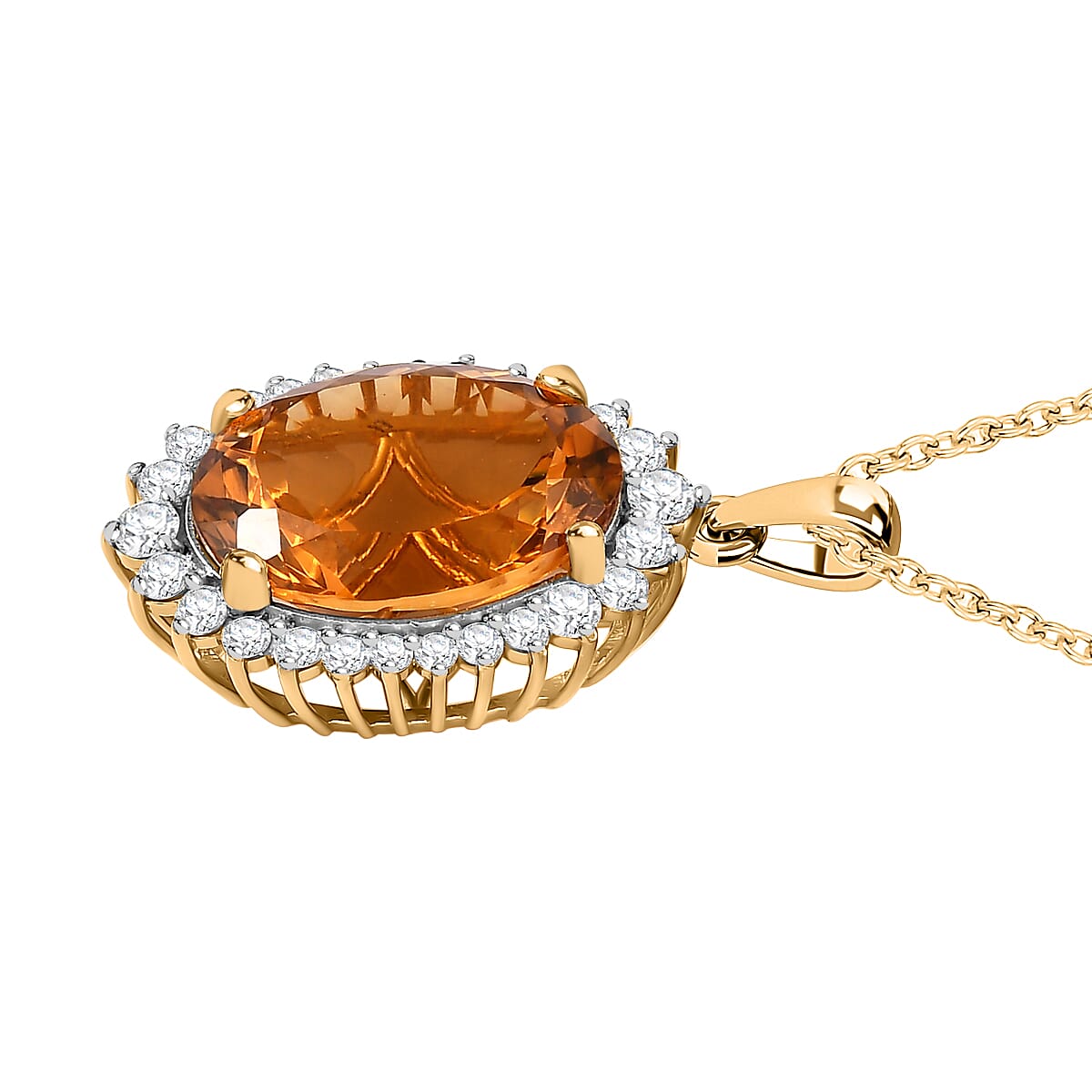 Serra Gaucha Citrine & Natural Zircon Halo Pendant with Chain (Size 20) in 18K Vermeil Yellow Gold Plated Sterling Silver 17.90 Ct,