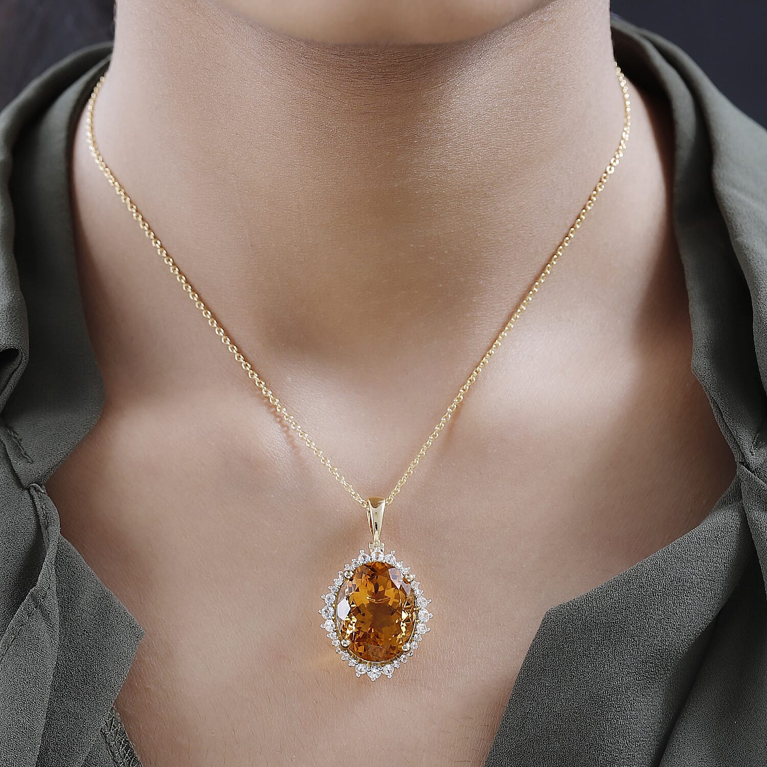 Serra Gaucha Citrine & Natural Halo Zircon Pendant with Chain (Size 20) in 18K Vermeil Yellow Gold Plated Sterling Silver 16.64 Ct, Silver Wt. 7.72 Gms