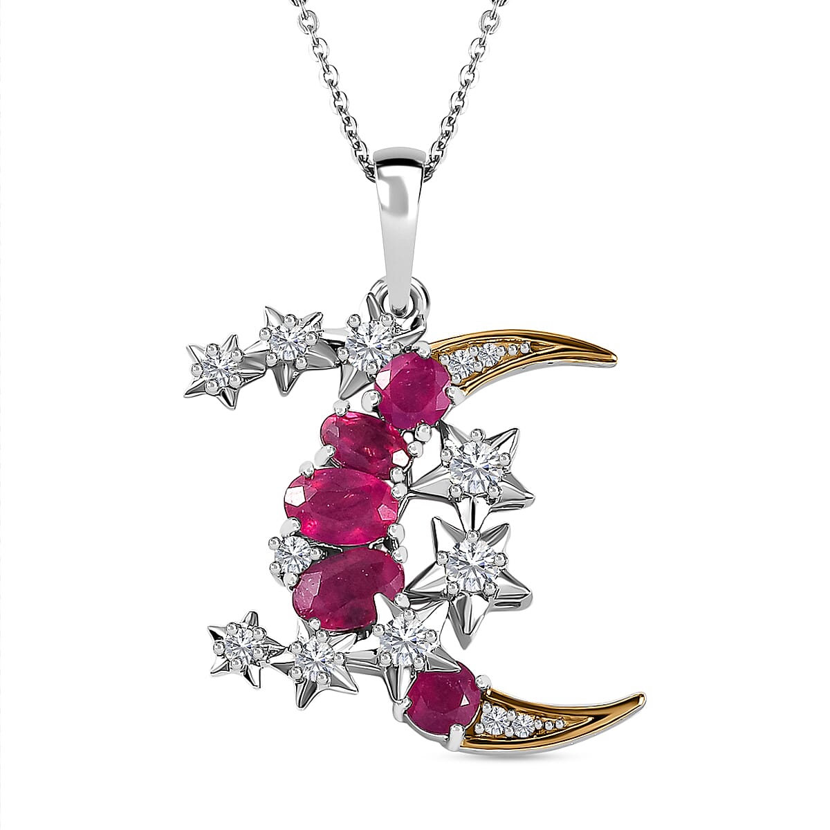 GP Celestial Dream Collection - Ruby & Natural Zircon Pendant with Chain (Size 20) in Platinum Overlay Sterling Silver 4.89 Ct, Silver Wt. 5.89 Gms