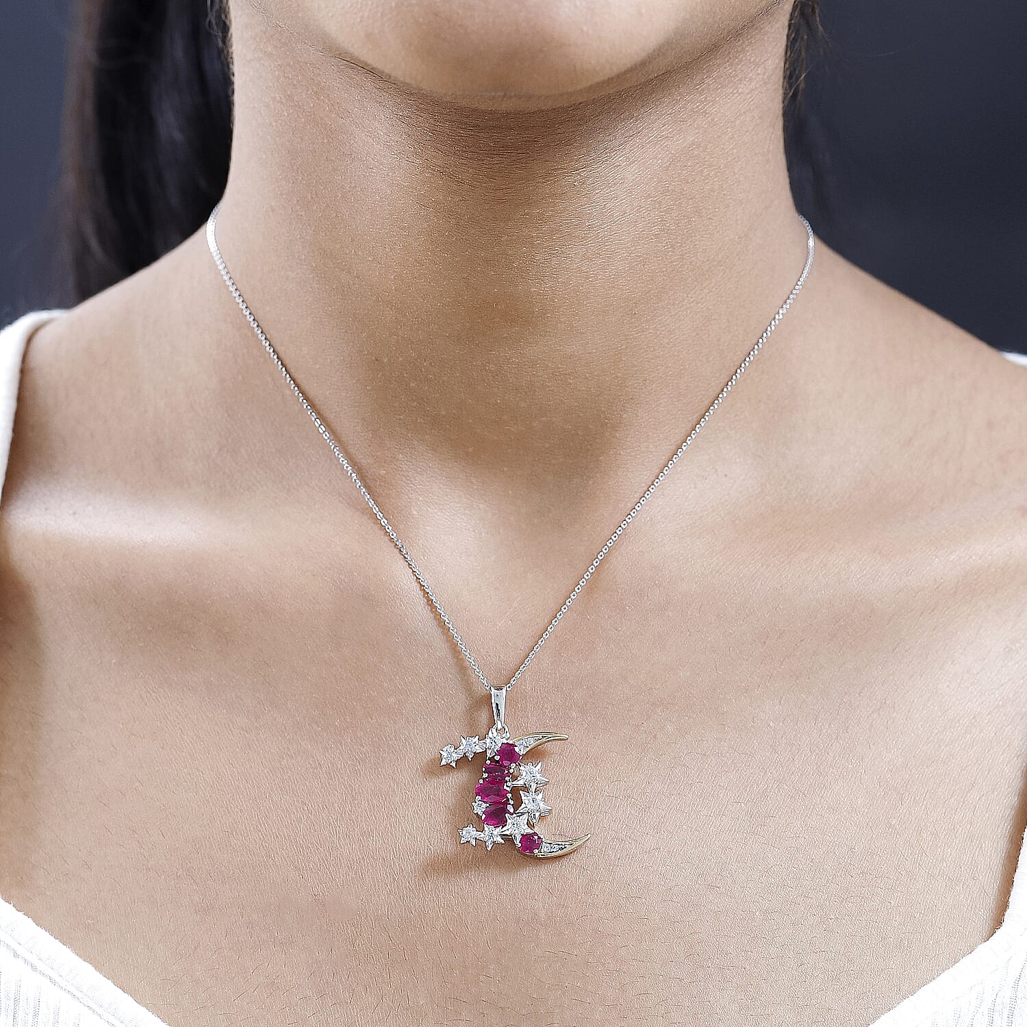 GP Celestial Dream Collection - Ruby & Natural Zircon Pendant with Chain (Size 20) in Platinum Overlay Sterling Silver 4.89 Ct, Silver Wt. 5.89 Gms