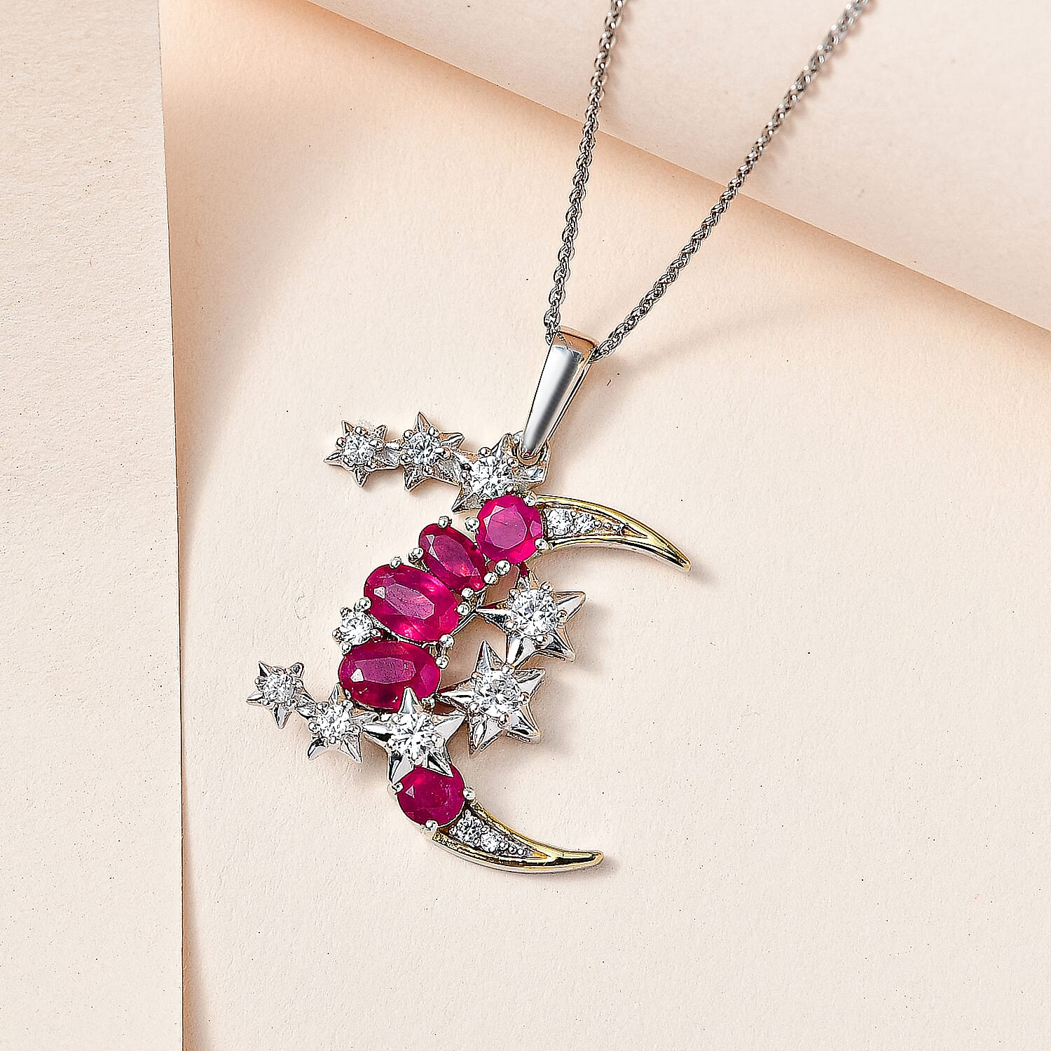GP Celestial Dream Collection - Ruby & Natural Zircon Pendant with Chain (Size 20) in Platinum Overlay Sterling Silver 4.89 Ct, Silver Wt. 5.89 Gms