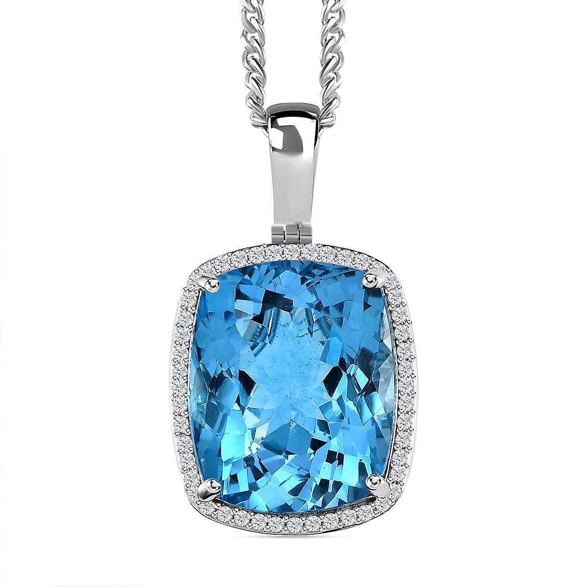Blue Topaz & Natural Zircon Halo Pendant with Chain (Size 20) in Platinum Overlay Sterling Silver 31.97 Ct, Silver Wt. 11.45 Gms