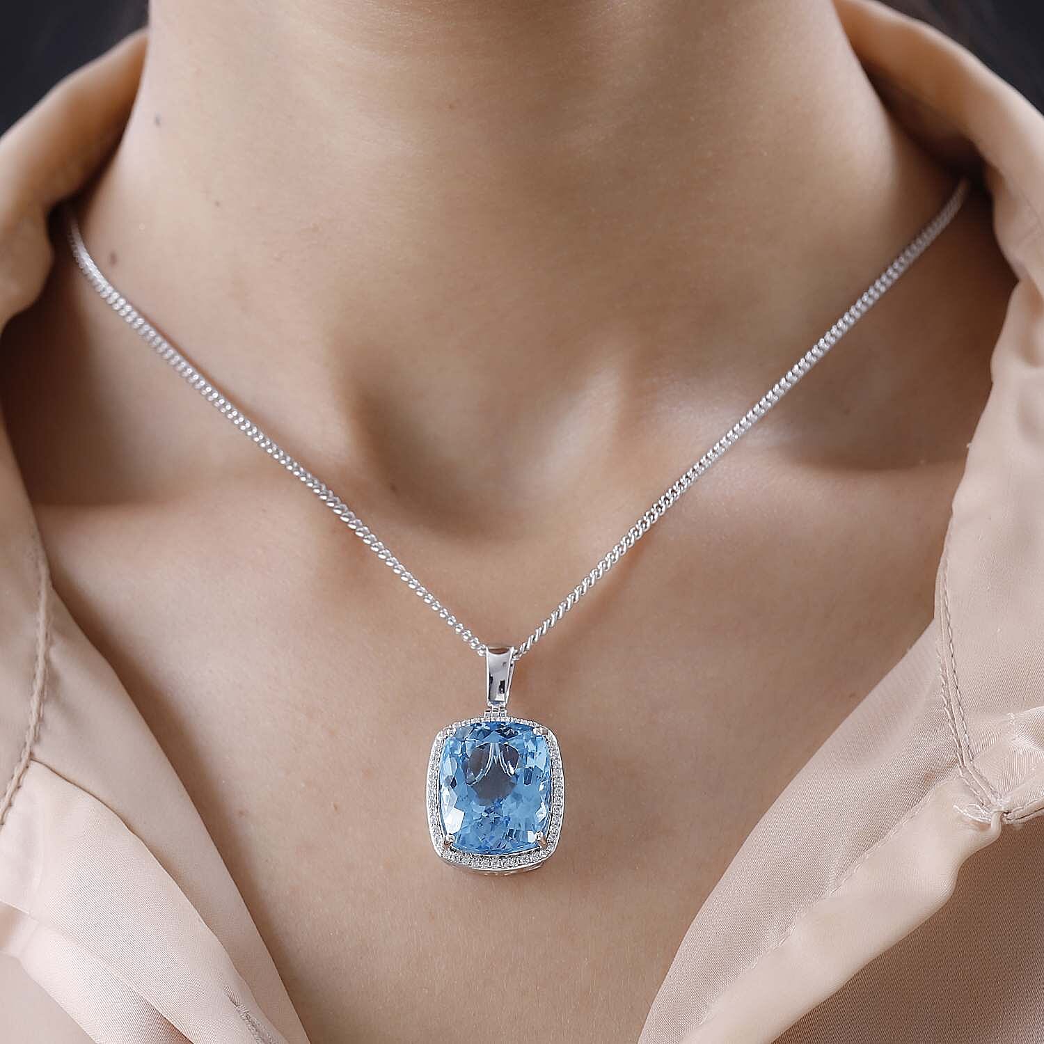 Blue Topaz & Natural Zircon Halo Pendant with Chain (Size 20) in Platinum Overlay Sterling Silver 31.97 Ct, Silver Wt. 11.45 Gms