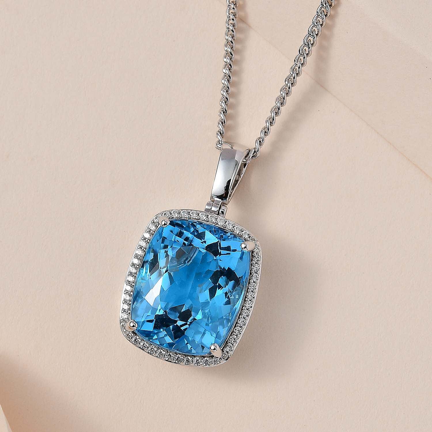 Blue Topaz & Natural Zircon Halo Pendant with Chain (Size 20) in Platinum Overlay Sterling Silver 31.97 Ct, Silver Wt. 11.45 Gms