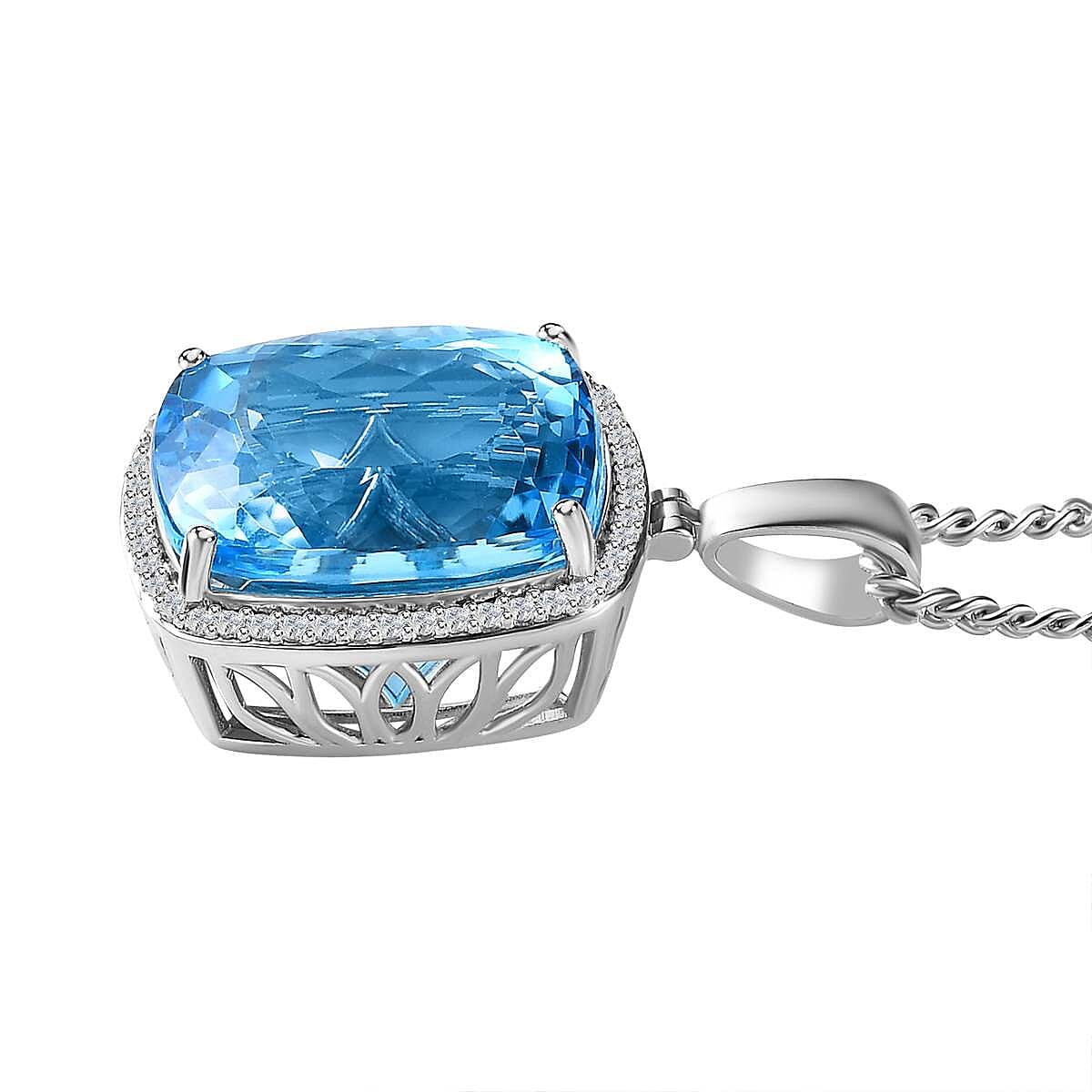 Blue Topaz & Natural Zircon Halo Pendant with Chain (Size 20) in Platinum Overlay Sterling Silver 31.97 Ct, Silver Wt. 11.45 Gms