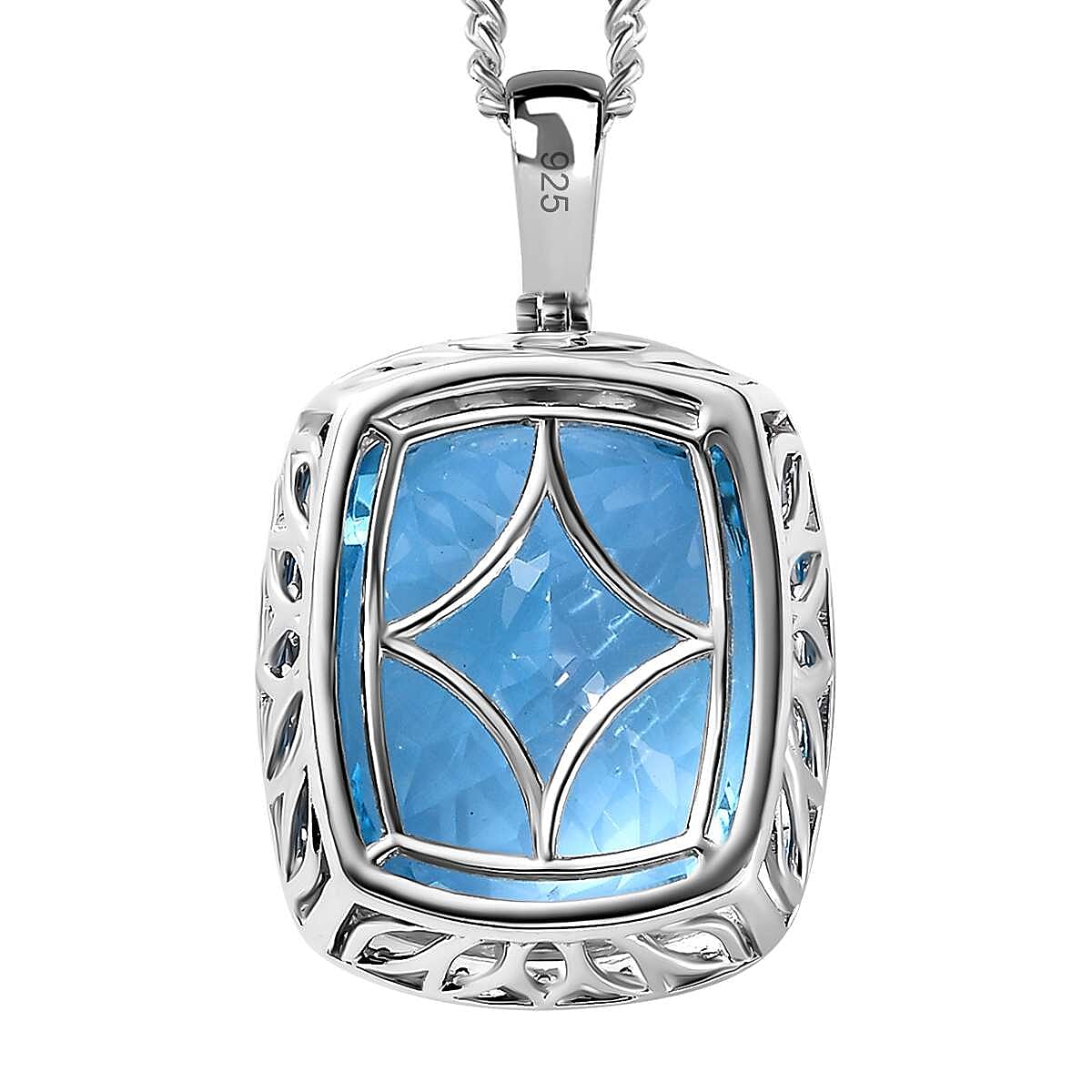 Blue Topaz & Natural Zircon Halo Pendant with Chain (Size 20) in Platinum Overlay Sterling Silver 31.97 Ct, Silver Wt. 11.45 Gms