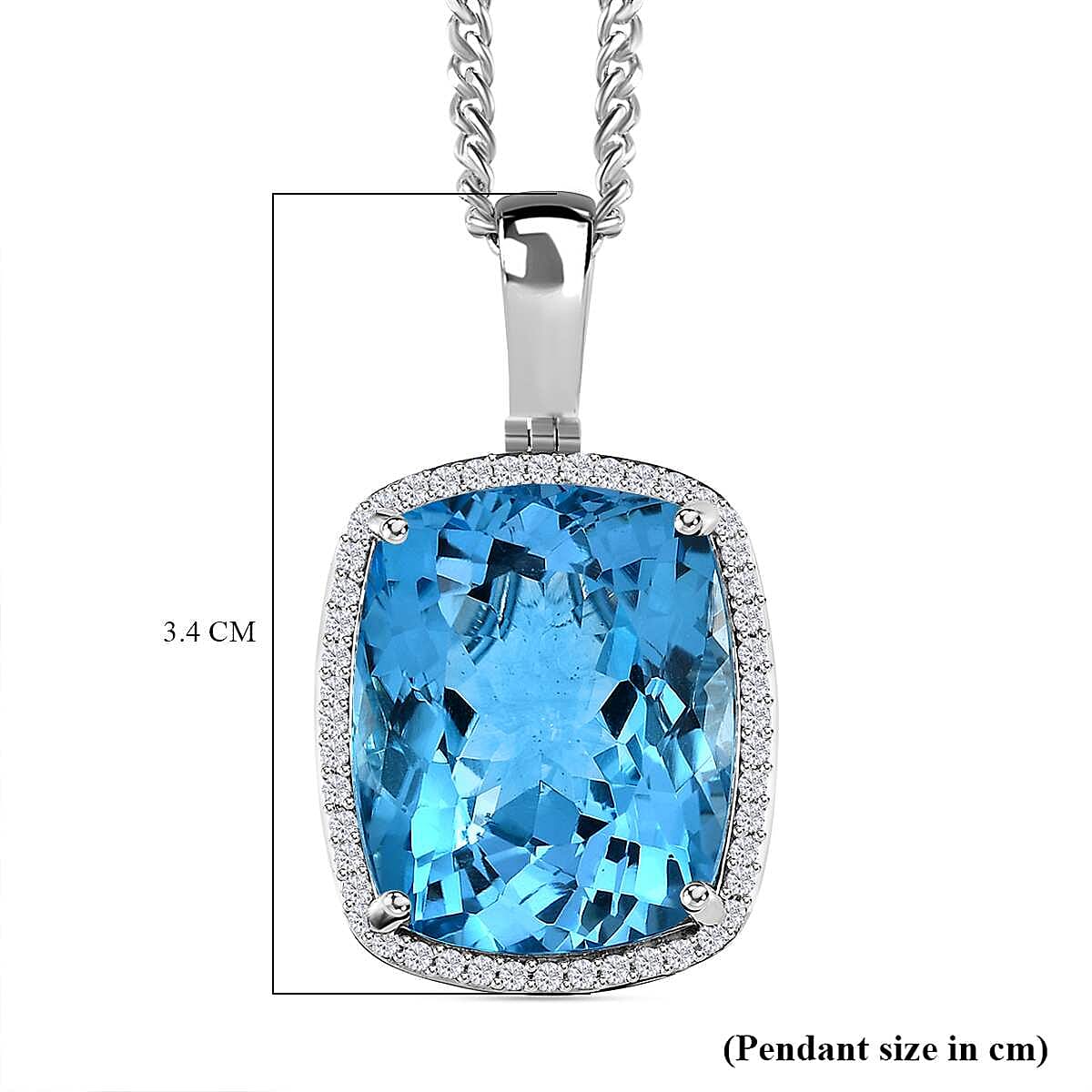 Blue Topaz & Natural Zircon Halo Pendant with Chain (Size 20) in Platinum Overlay Sterling Silver 31.97 Ct, Silver Wt. 11.45 Gms