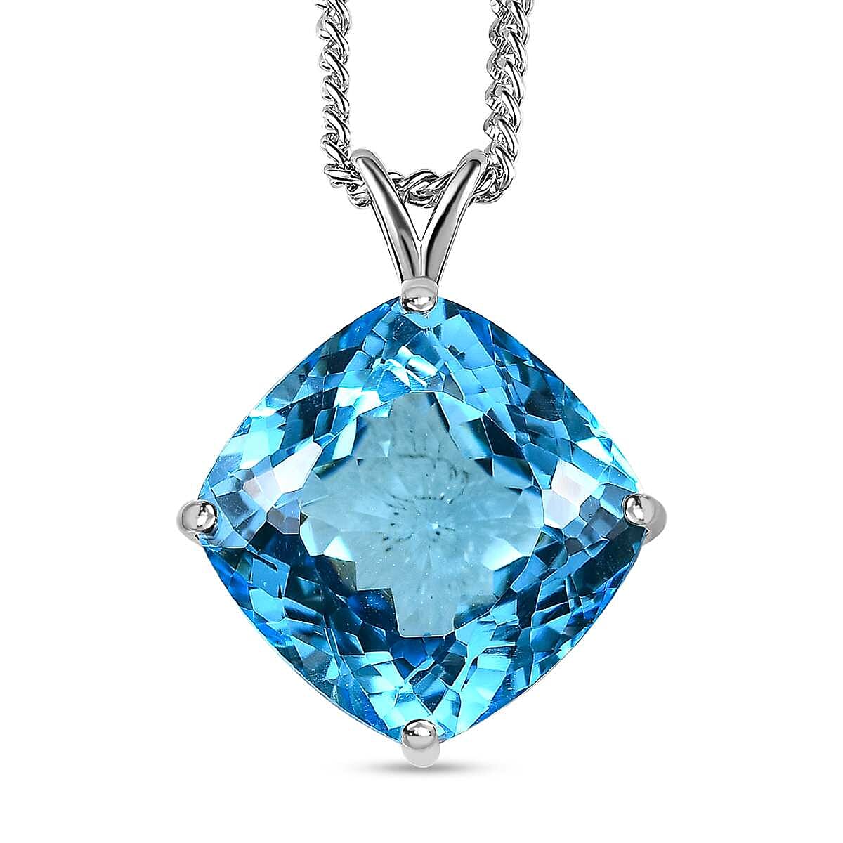 Blue Topaz Solitaire Pendant with Chain (Size 20) in Platinum Overlay Sterling Silver 34.78 Ct, Silver Wt. 11.09 Gms