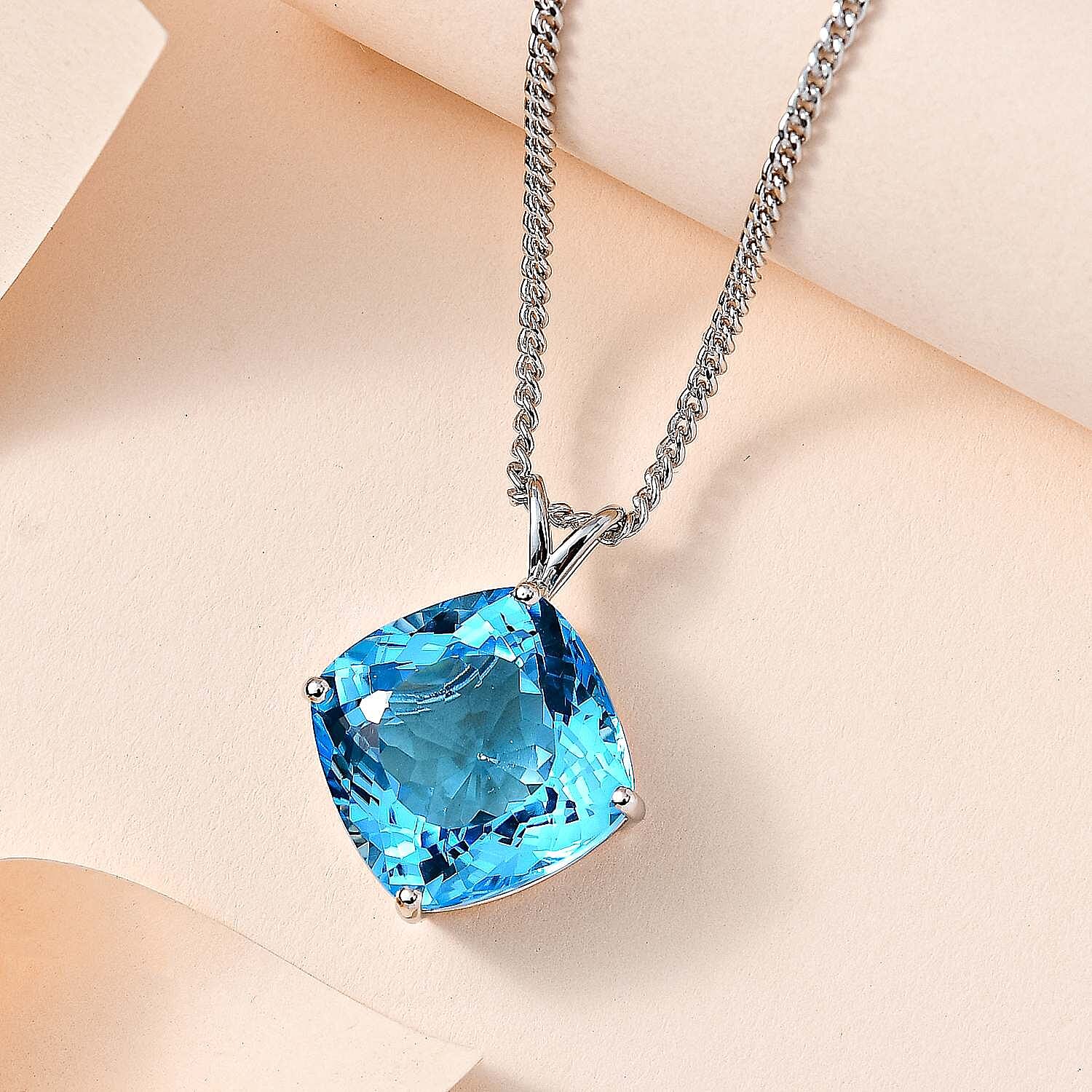 Blue Topaz Solitaire Pendant with Chain (Size 20) in Platinum Overlay Sterling Silver 34.78 Ct, Silver Wt. 11.09 Gms