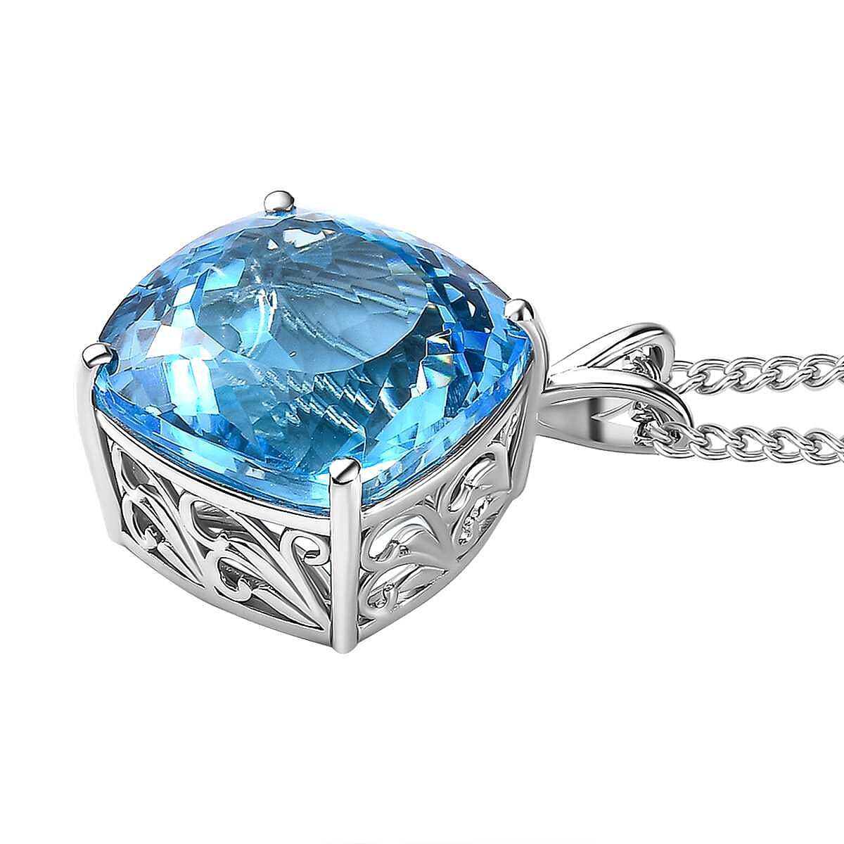 Blue Topaz Solitaire Pendant with Chain (Size 20) in Platinum Overlay Sterling Silver 34.78 Ct, Silver Wt. 11.09 Gms