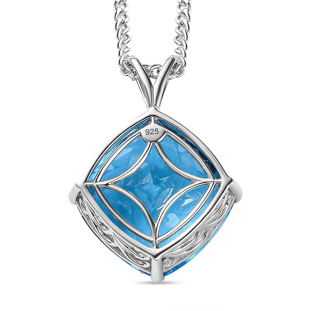 Blue Topaz Solitaire Pendant with Chain (Size 20) in Platinum Overlay Sterling Silver 34.78 Ct, Silver Wt. 11.09 Gms
