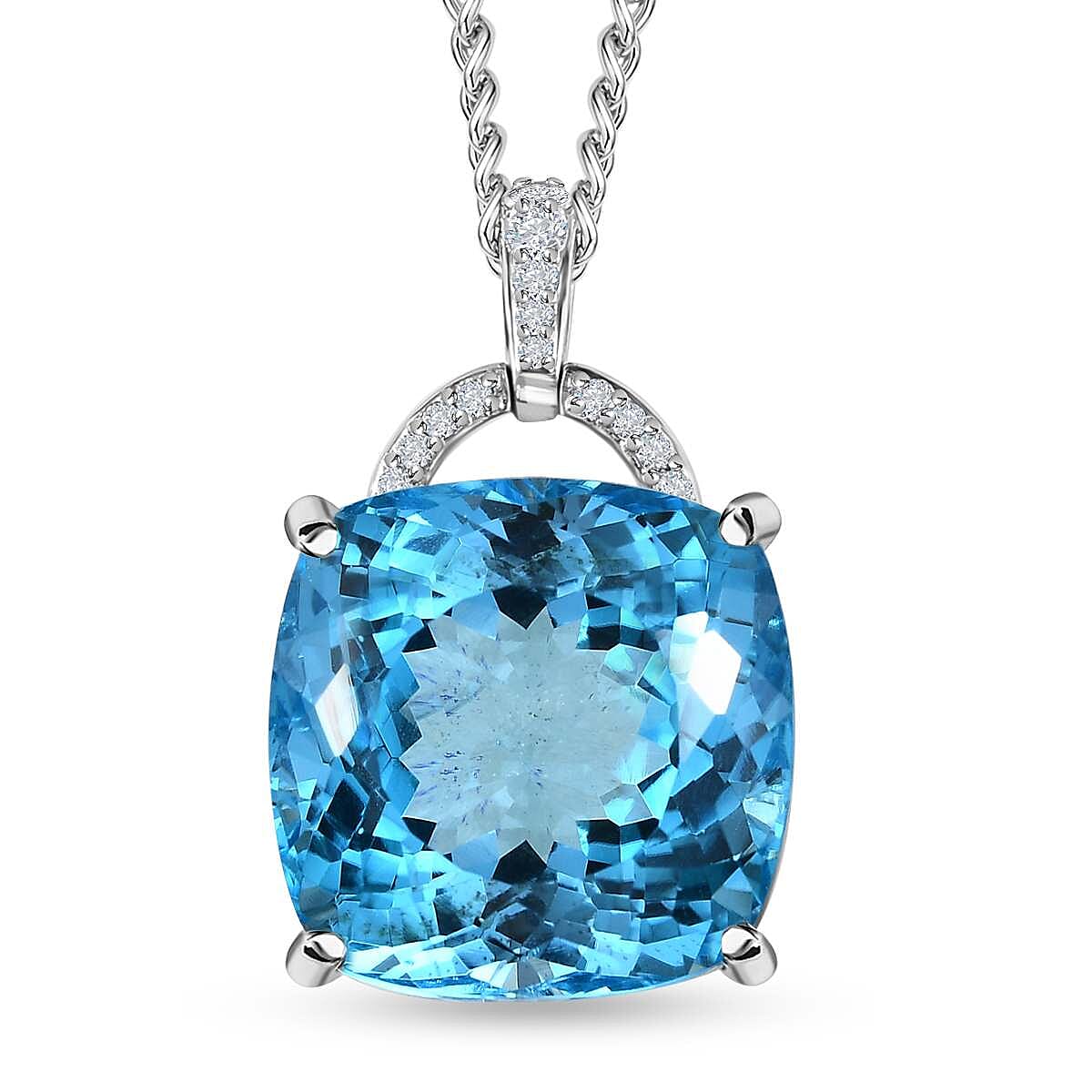 Blue Topaz,  White Zircon Pendant with Chain (Size 20) in Platinum Overlay Sterling Silver 0.13 ct  Silver Wt. 10.74 Gms  30.880  Ct.