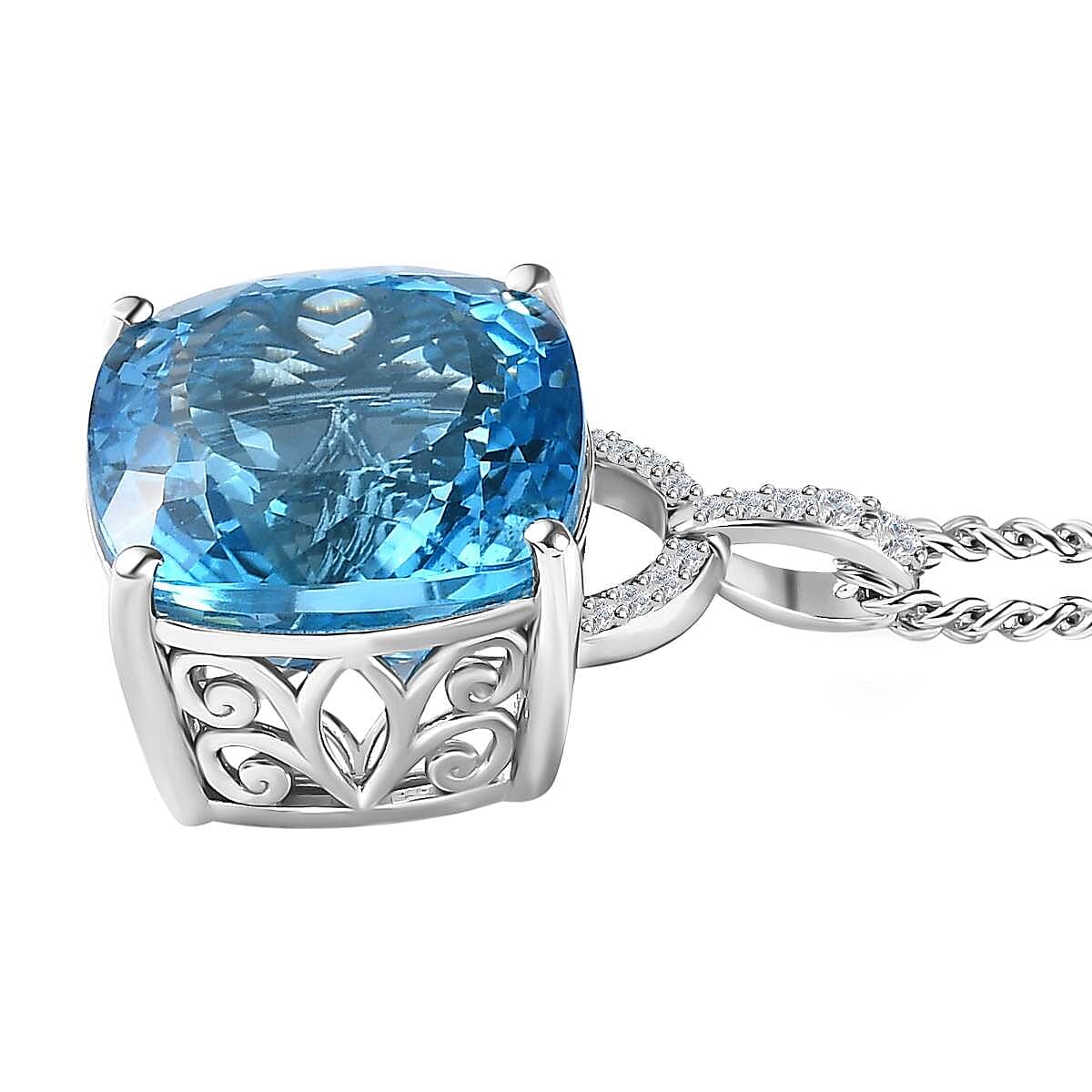 Blue Topaz,  White Zircon Pendant with Chain (Size 20) in Platinum Overlay Sterling Silver 0.13 ct  Silver Wt. 10.74 Gms  30.880  Ct.