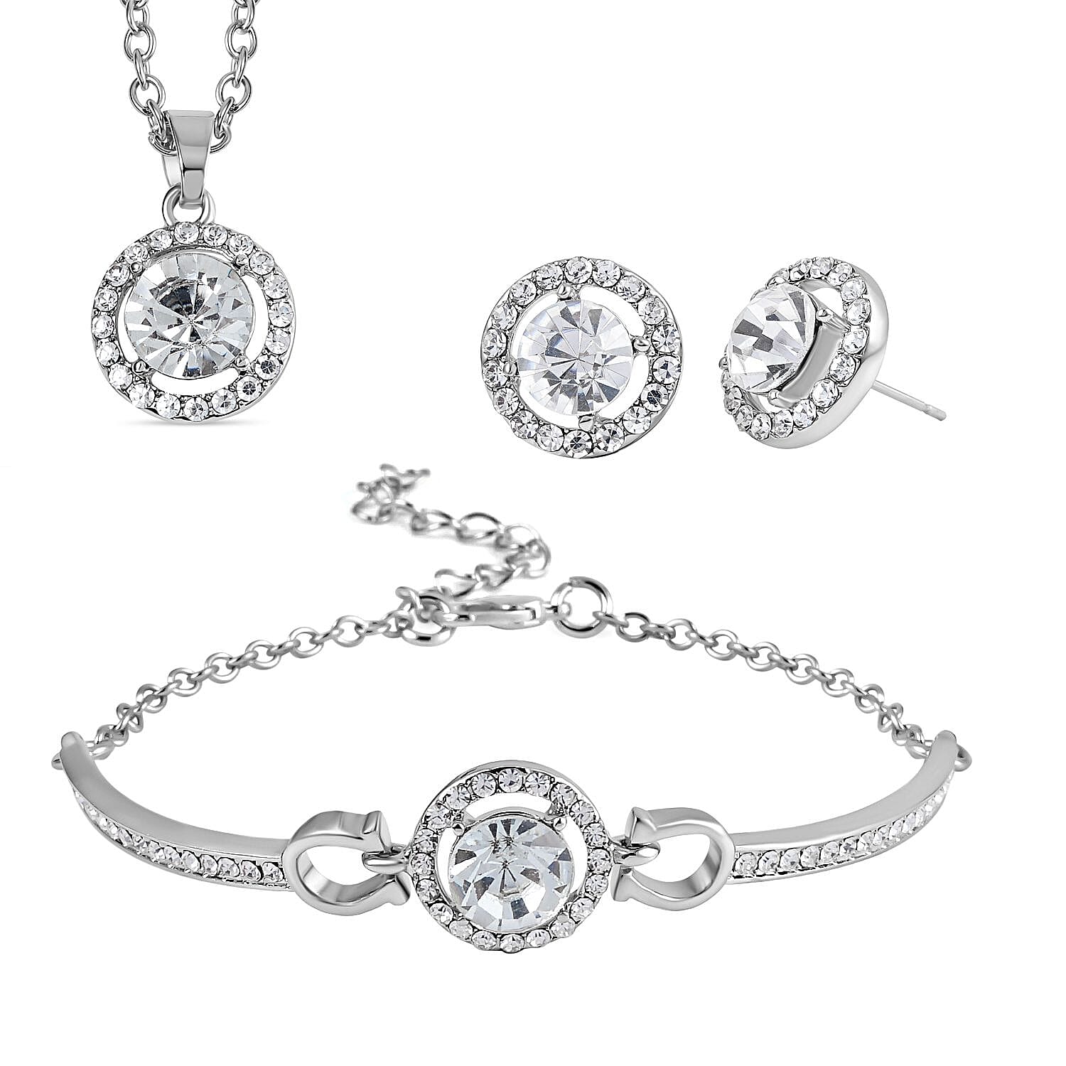 3 Piece Set - White Austrian Crystal Necklace, Bracelet and Earrings with Jewellery Box in Silver Tone