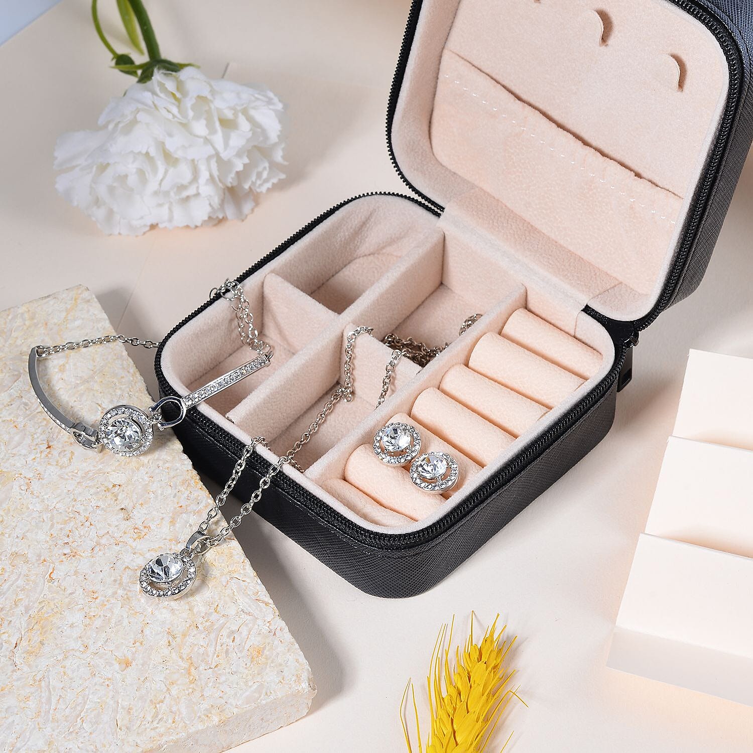 3 Piece Set - White Austrian Crystal Necklace, Bracelet and Earrings with Jewellery Box in Silver Tone