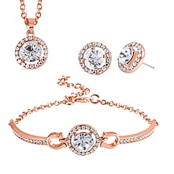 3 Piece Set - White Crystal Necklace, Bracelet and Earrings in Rose Goldtone with Jewellery Box