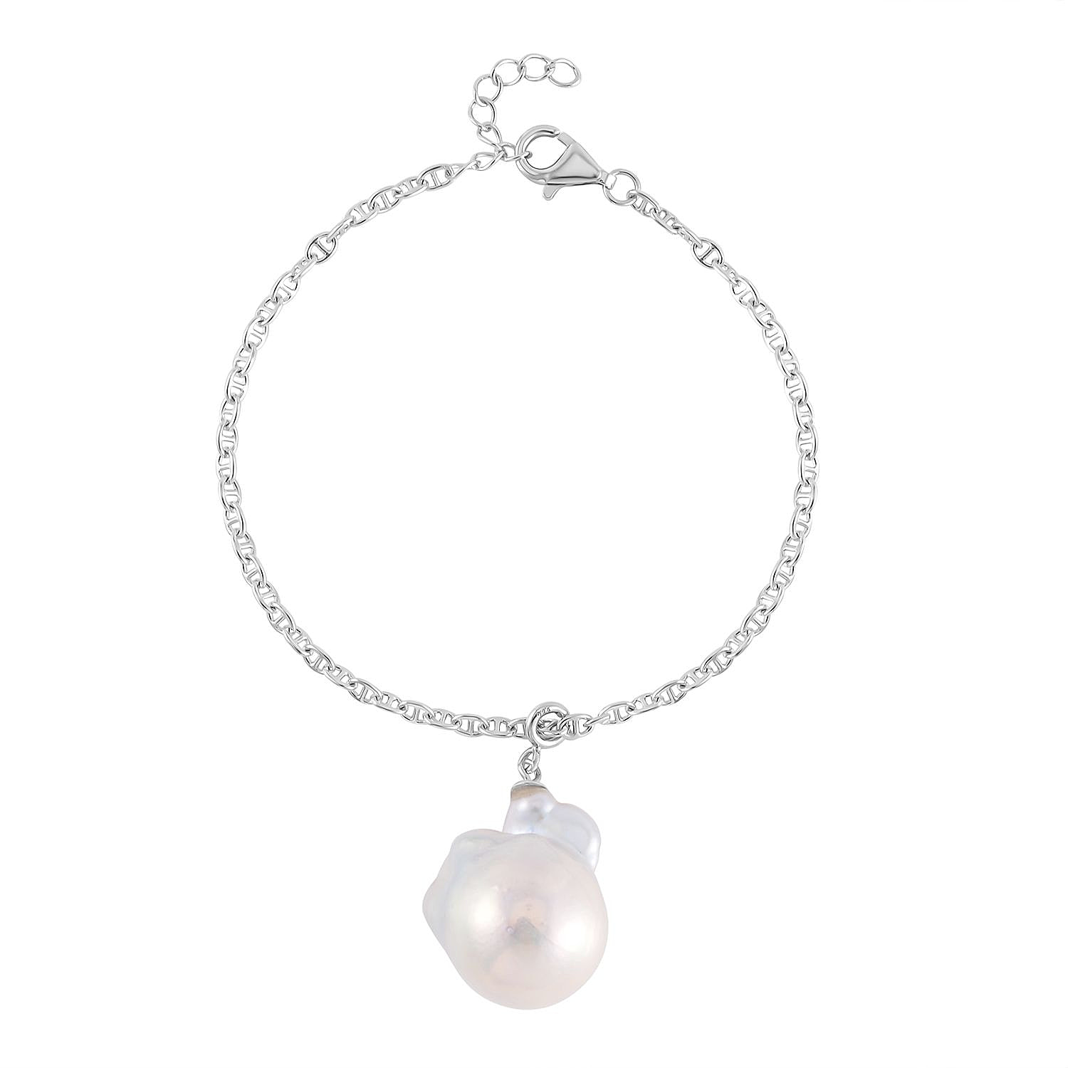 White Baroque Pearl Bracelet (Size 7-1 Inch Ext.) and Pendant in Rhodium Overlay Sterling Silver