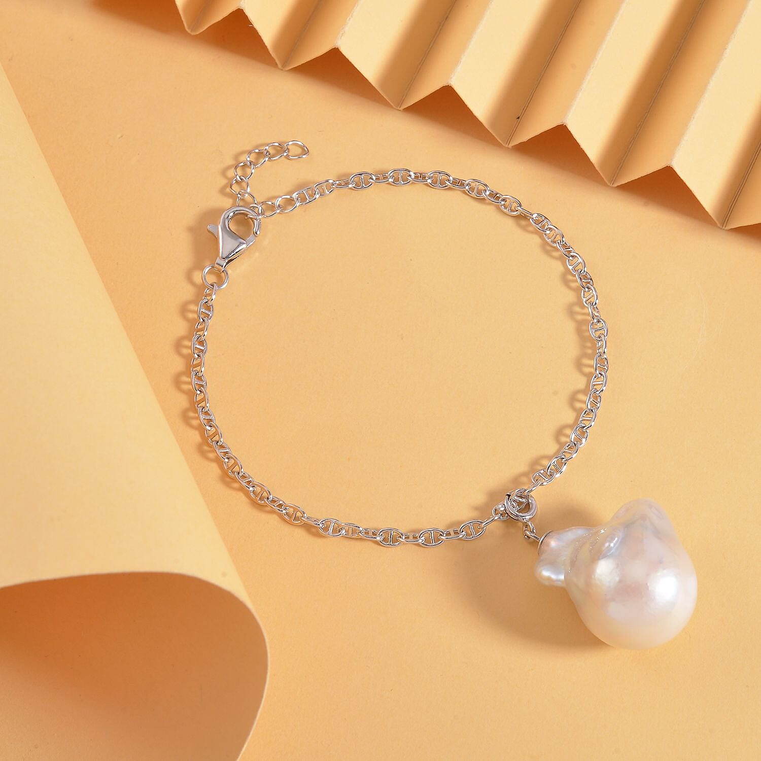 White Baroque Pearl Bracelet (Size 7-1 Inch Ext.) and Pendant in Rhodium Overlay Sterling Silver