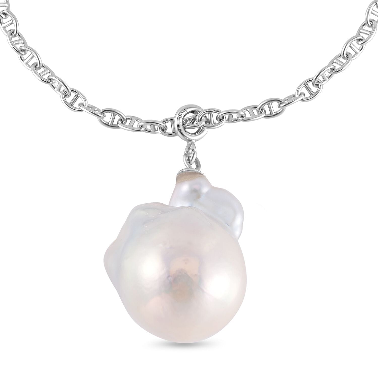 White Baroque Pearl Bracelet (Size 7-1 Inch Ext.) and Pendant in Rhodium Overlay Sterling Silver