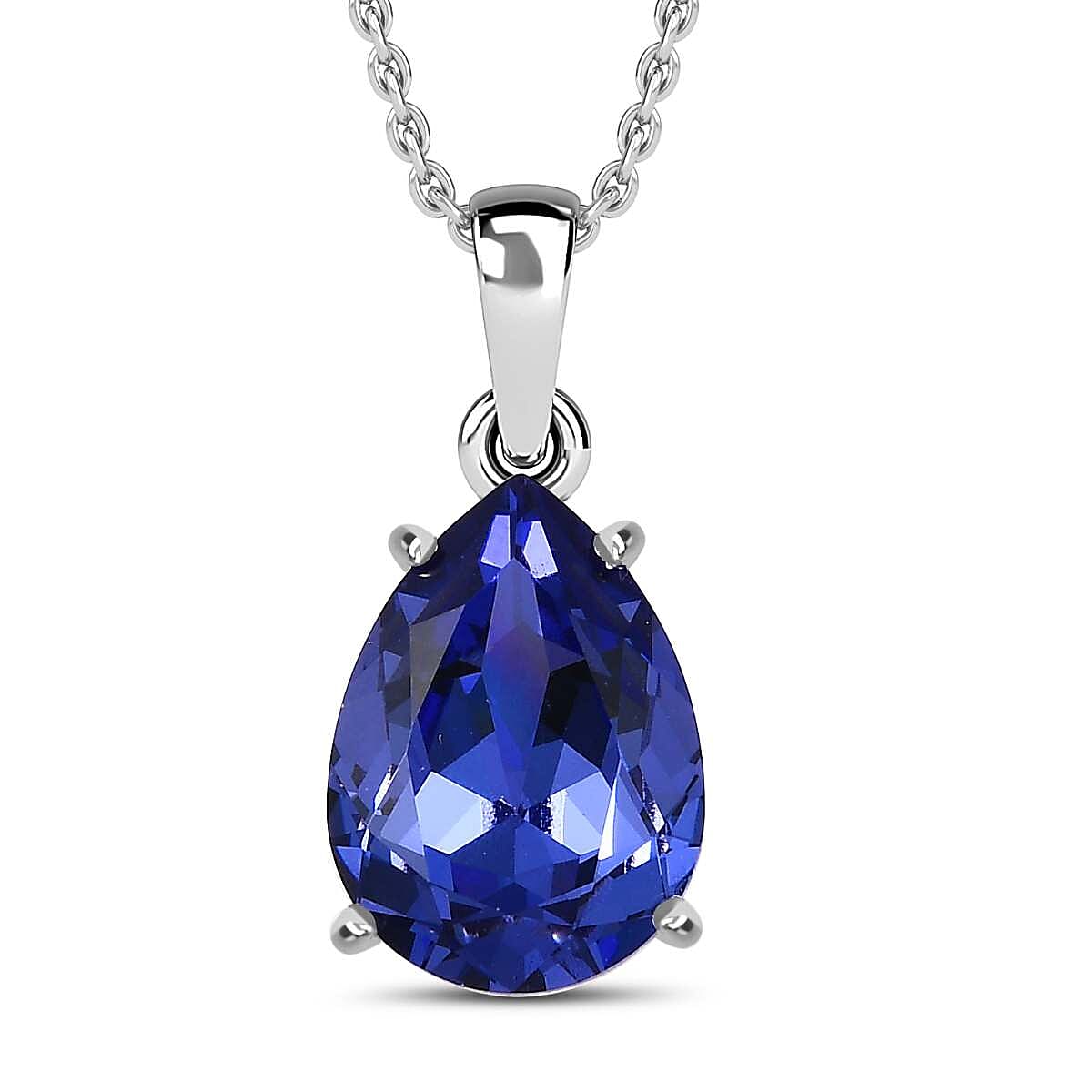 Tanzanite Austrian Crystal Platinum Overlay Sterling Silver Solitaire Pendant with Stainless Steel Chain (Size 20)