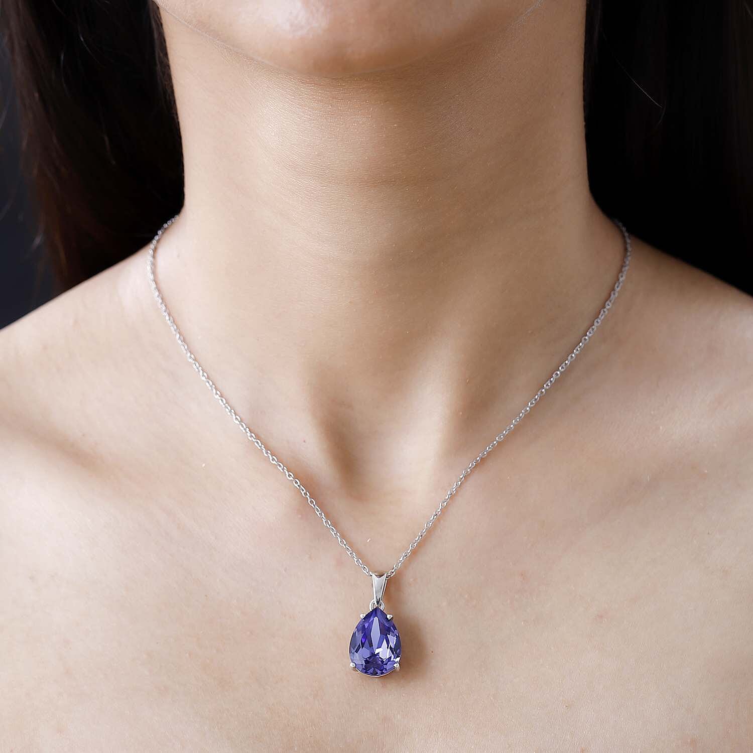 Tanzanite Austrian Crystal Platinum Overlay Sterling Silver Solitaire Pendant with Stainless Steel Chain (Size 20)