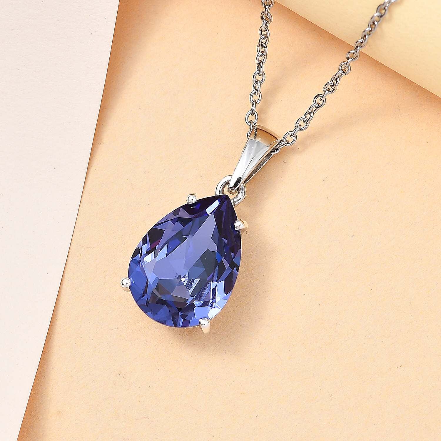 Tanzanite Austrian Crystal Platinum Overlay Sterling Silver Solitaire Pendant with Stainless Steel Chain (Size 20)