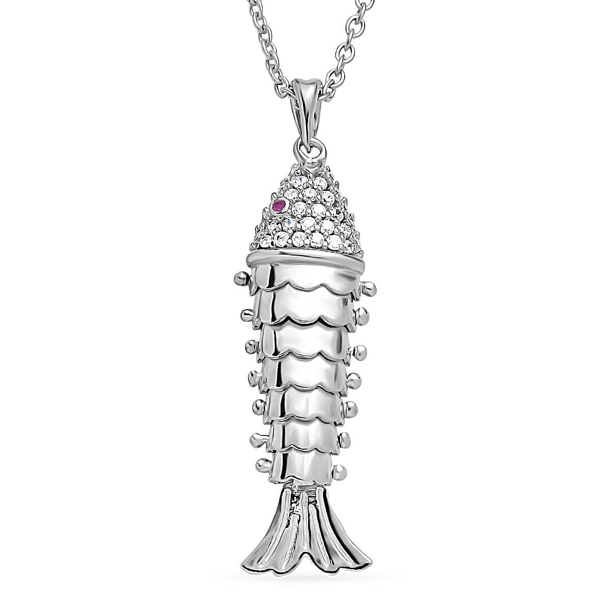 Vicenza Closeout - Articulated Fish Simulated Red and White Diamond Pendant in Platinum Overlay Sterling Silver with Free Chain (Size 20)