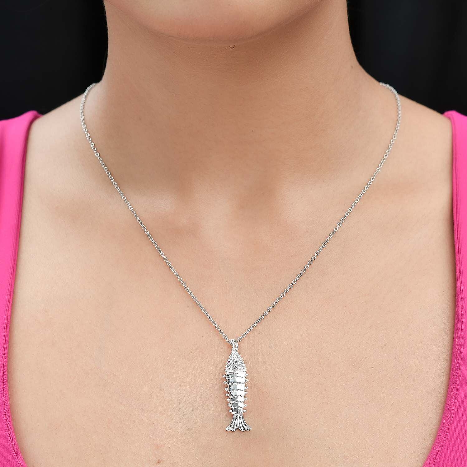 Vicenza Closeout - Articulated Fish Simulated Red and White Diamond Pendant in Platinum Overlay Sterling Silver with Free Chain (Size 20)